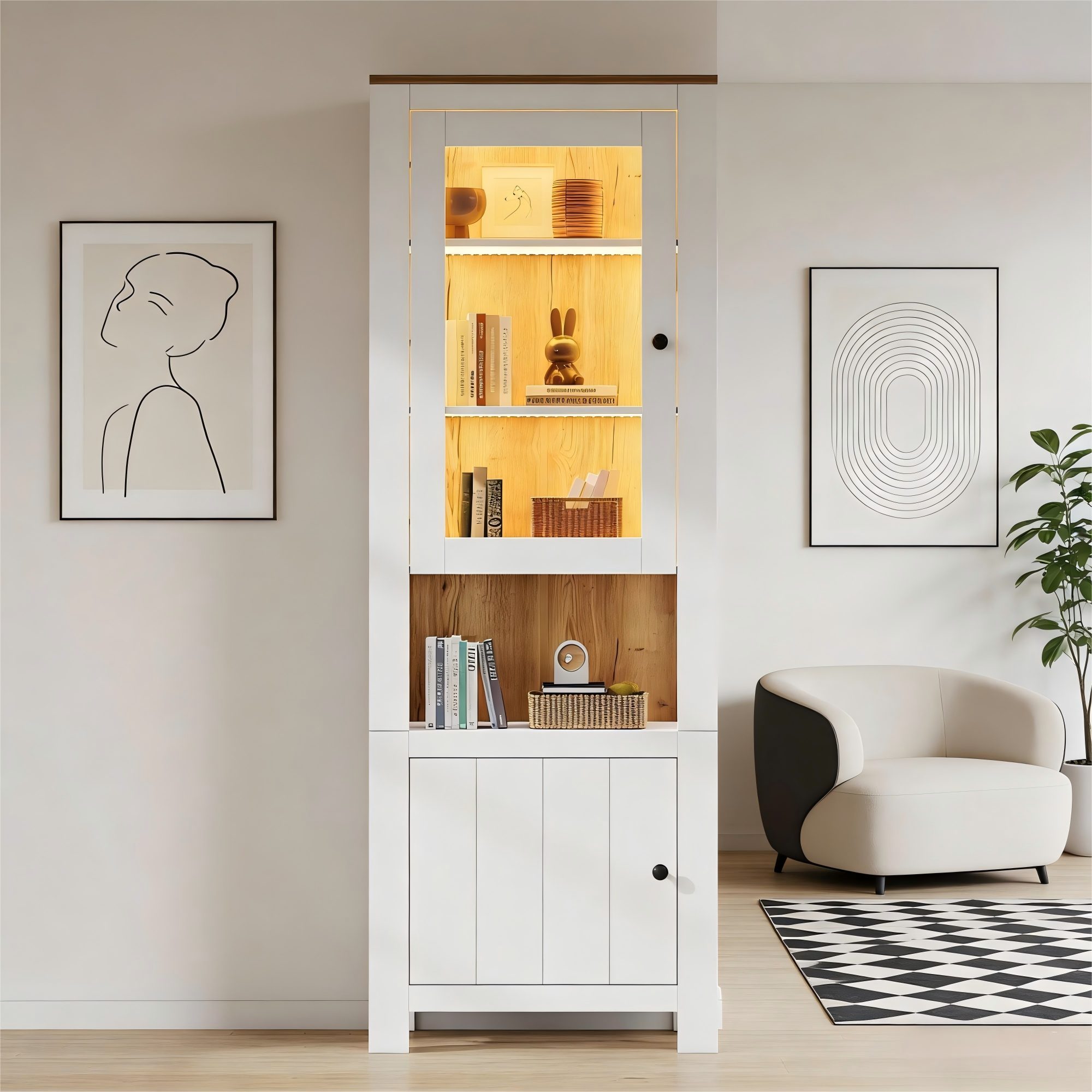 Merax Standvitrine Glasvitrine Hochschrank mit LED-Beleuchtung (1-St) Vitrine Wohnzimmerschrank mit 2 Türen und 6 Einlegeböden, 70x40x188cm – Bild 4 von 5