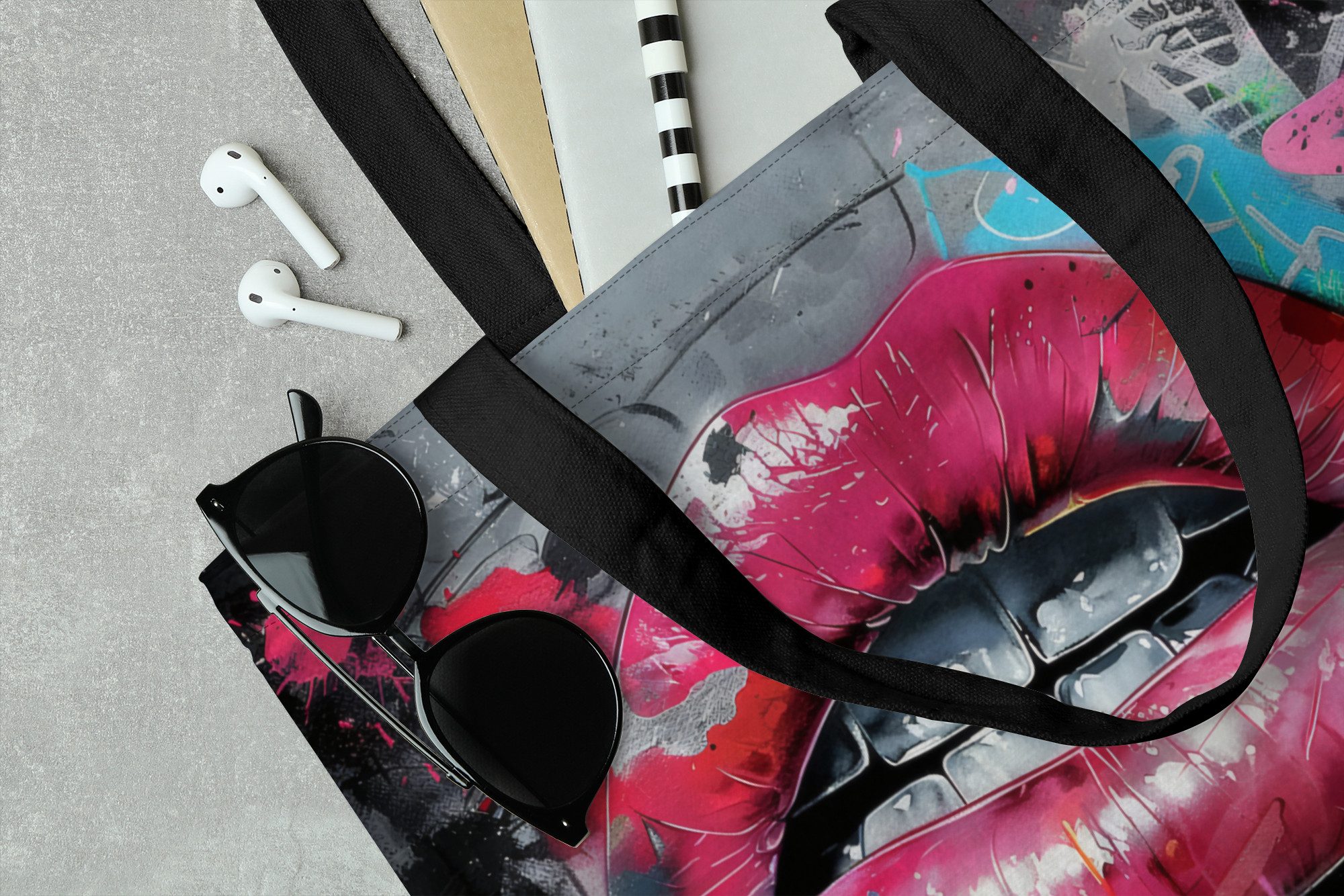 MuchoWow Shopper Lippen - Leuchtendes Rosa - Graffiti - Farbstreifen, Handtasche, Damen und Herren, Schultertasche, Umhängetasche, Tote Bag