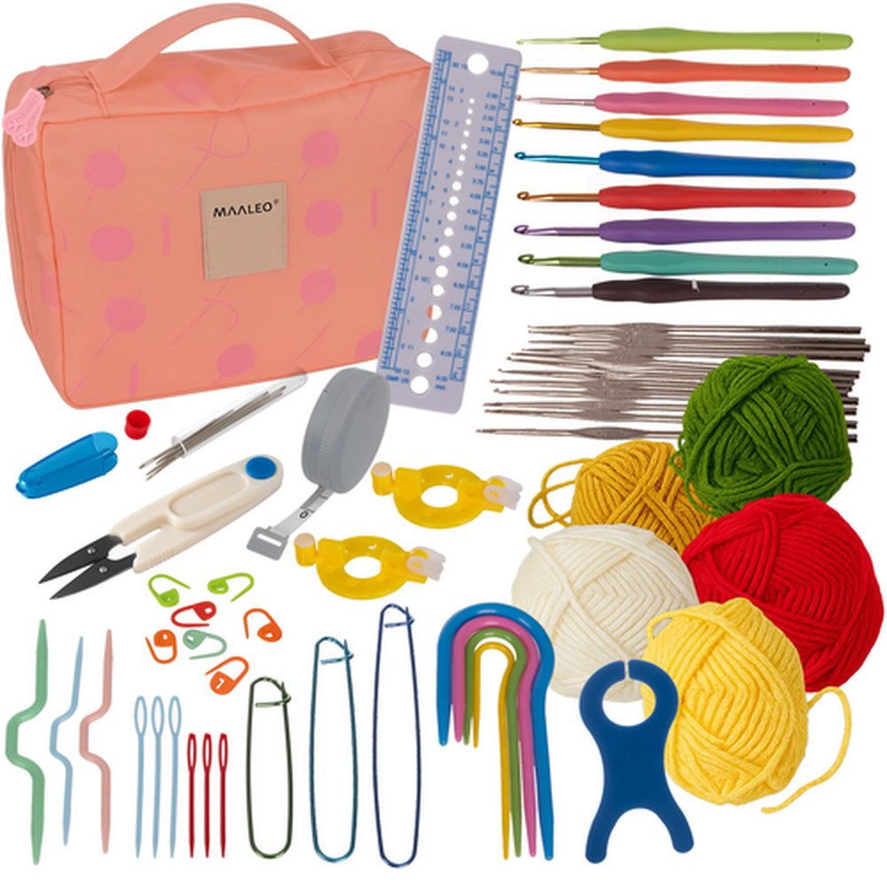 MAALEO Häkelnadeln Häkelset Anfängersets, Spar-Set 58 St., XXL-Koffer, Ösenmarkierer, Stricknadeln, Garn, Pompon-Werkzeuge, Maßband