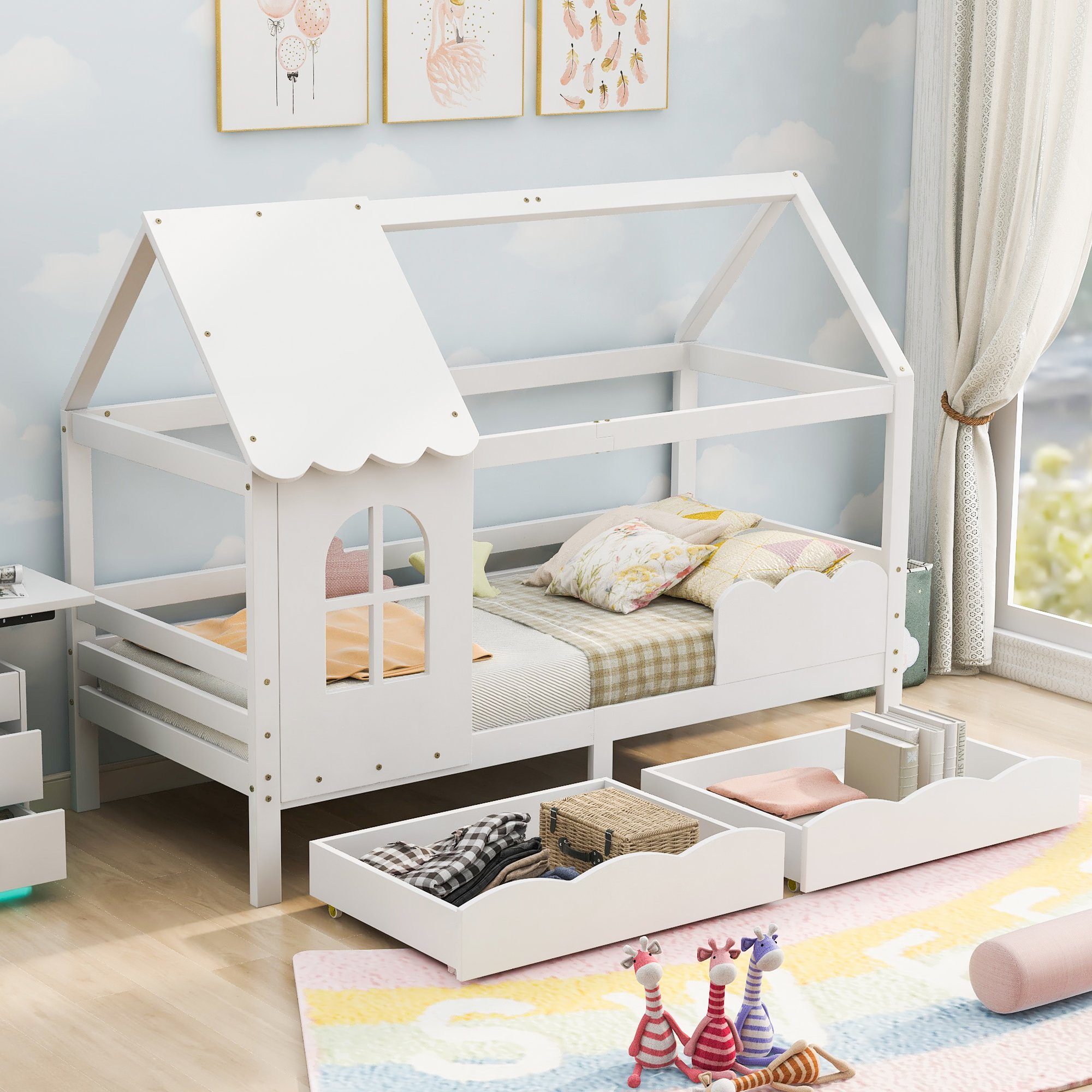 Hausbett Rausfallschutz, und Schubladen Kiefer (90x200 Einzelbett SOFTWEARY Lattenrost cm), mit Kinderbett 2 mit
