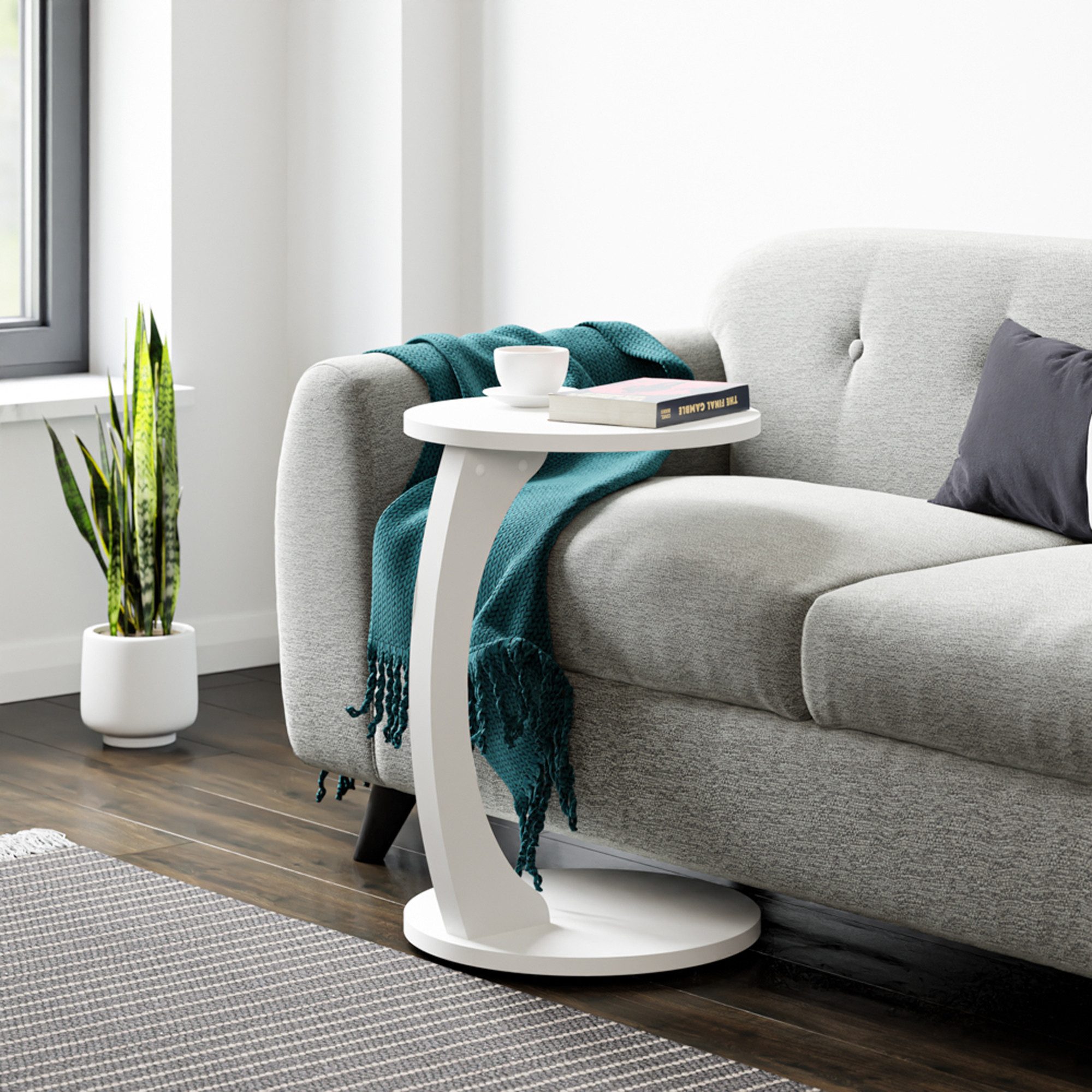 en.casa Beistelltisch, »Holeby« C-Form mit 4 Rollen rund 56 x Ø 38 cm Weiß