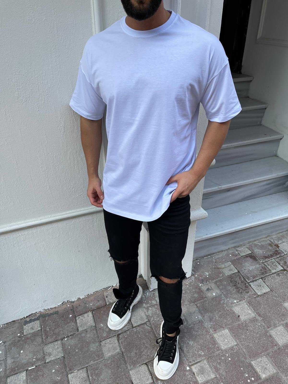 Weiter Oversize-Shirt Lang Rundhals Oversize Herren Extra Megaman T-Shirt Jeans Weiß Auschnitt