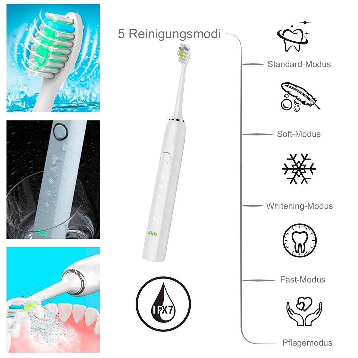 @tec Elektrische Zahnbürste Schallzahnbürste ultraleicht 5 Reinigungsmodi 38.000 Schwingungen/min, Aufsteckbürsten: 3 St., Bis zu 100 Tage Akkulaufzeit, IPX7, USB, Wiederaufladbar