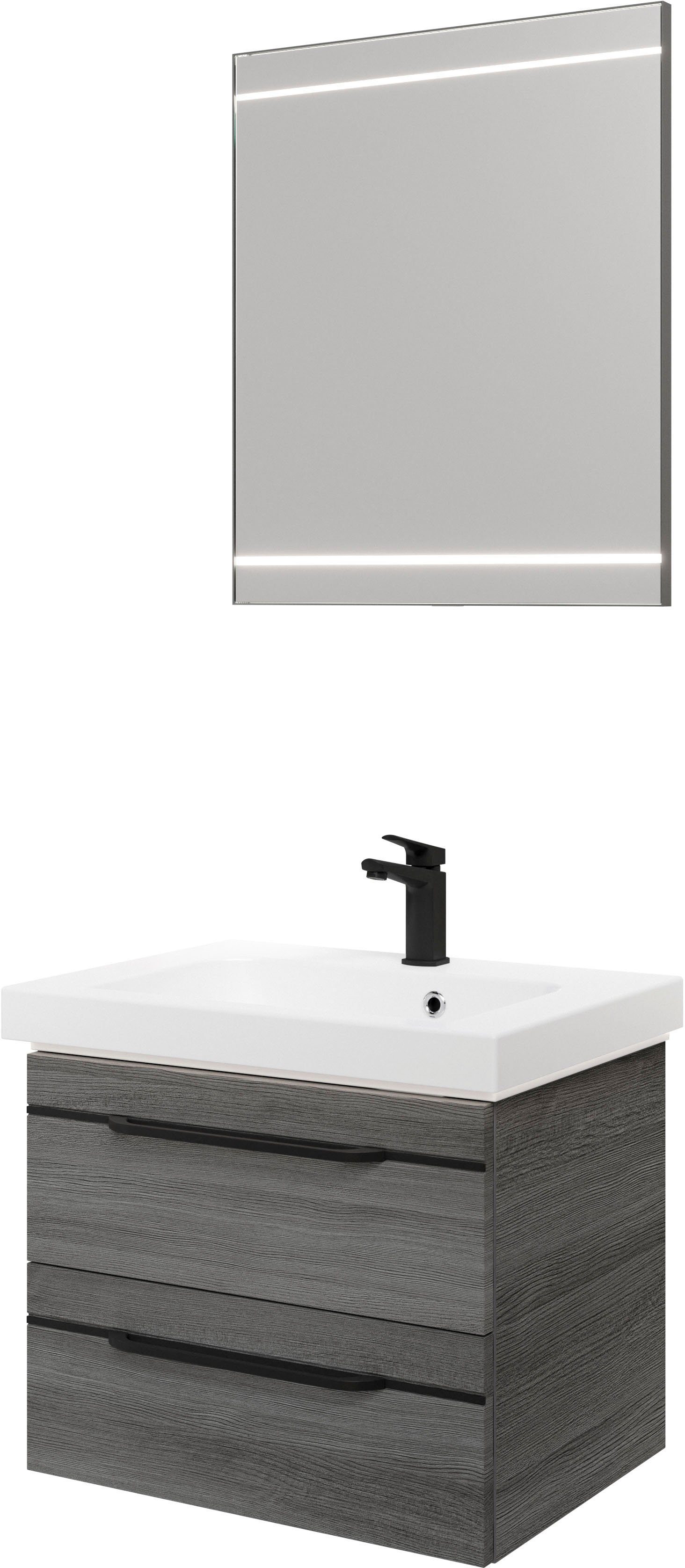 Saphir Badmöbel-Set Balto 2-teilig Mineralmarmor-Waschtisch mit LED-Spiegel, Waschplatz, (2-St), 64,4 cm breit, mit 2 Schubladen, Badschrank inkl. Schubladendämpfer