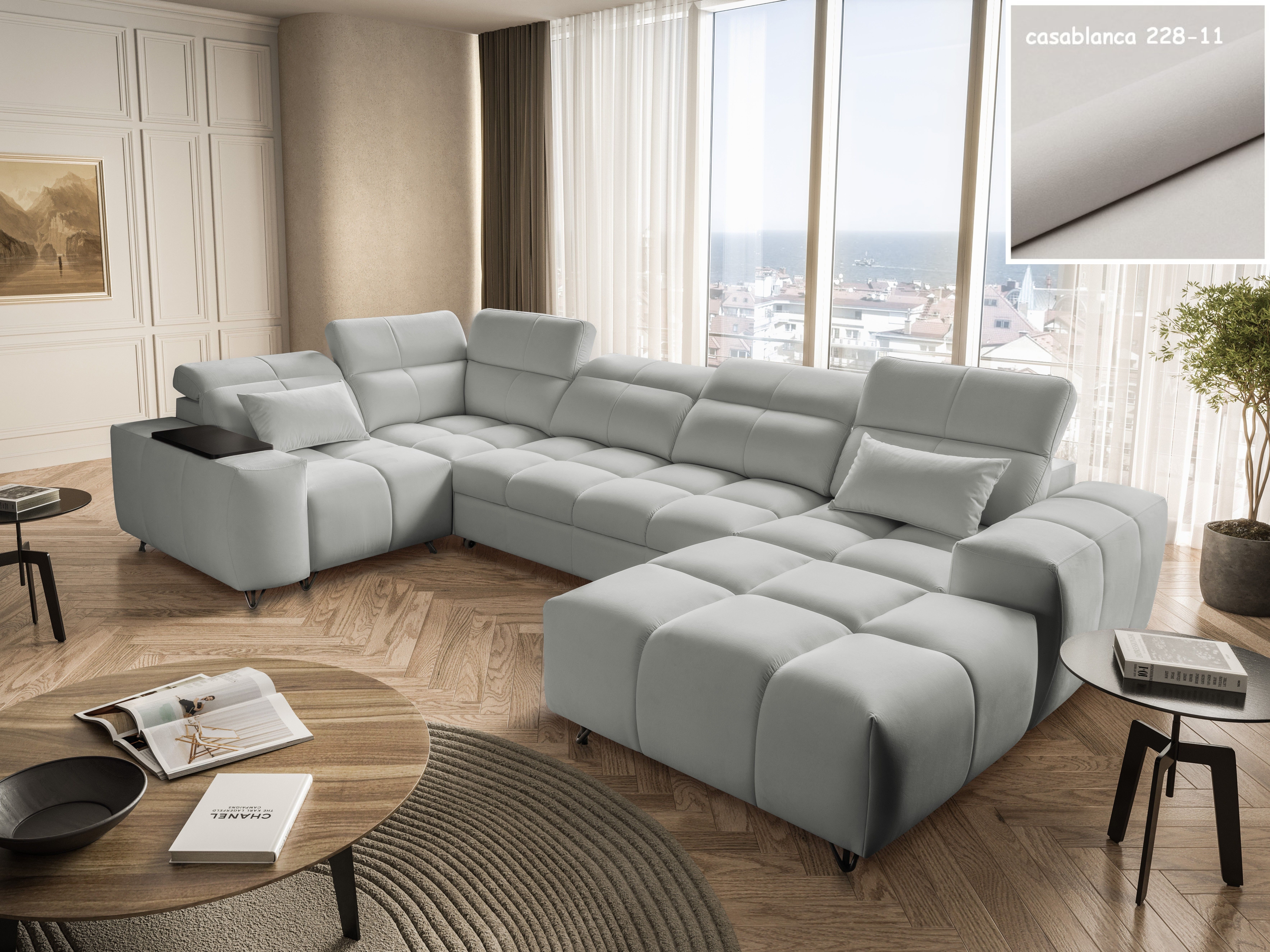 Möbel für Dich Wohnlandschaft XXL Calisto 4 in U-Form mit Hocker und verstellbaren Kopfstützen, mit modernem Design und Kassettensteppung im Schokoladentafel-Look