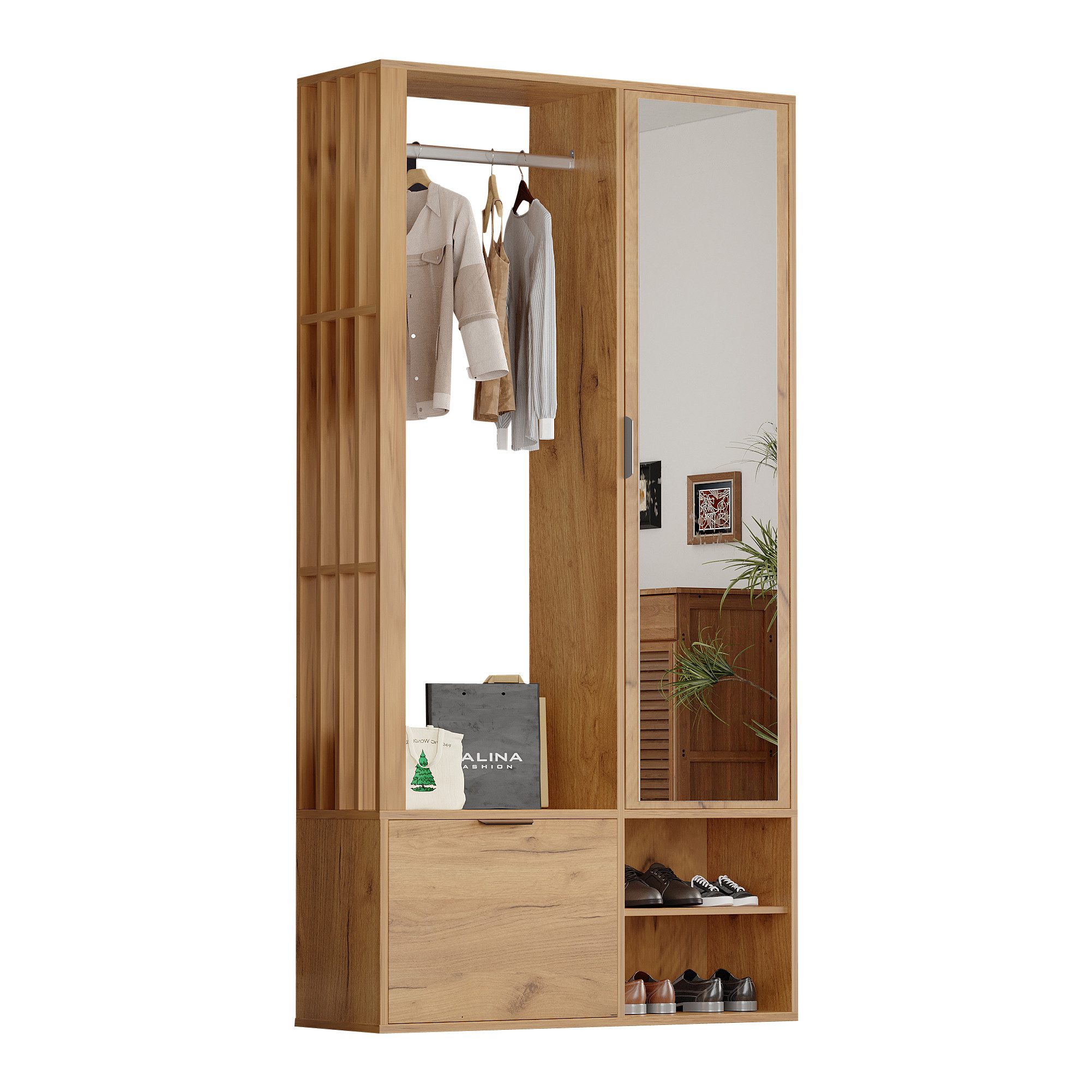 EXTSUD Garderobenschrank 6‑in‑1 Garderobenschrank mit Spiegel & Wäscheständer, 100 cm (Garderobenschrank und Spiegel, Breite 100 cm,Schrank mit unterer Tür) zum Aufhängen von Mänteln,Flurschrank mit Wäscheständer