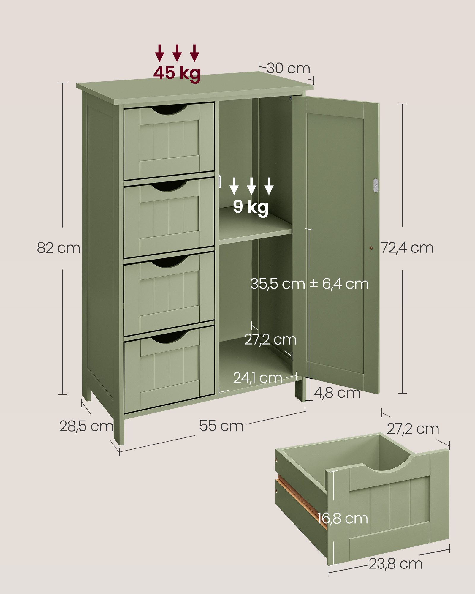VASAGLE Badmöbel-Set Badezimmerschrank Badschrank Beistellschrank,verstellbare Ablage, mit 4 Schubladen, Schranktür, verstellbare Ablage – Bild 5 von 5