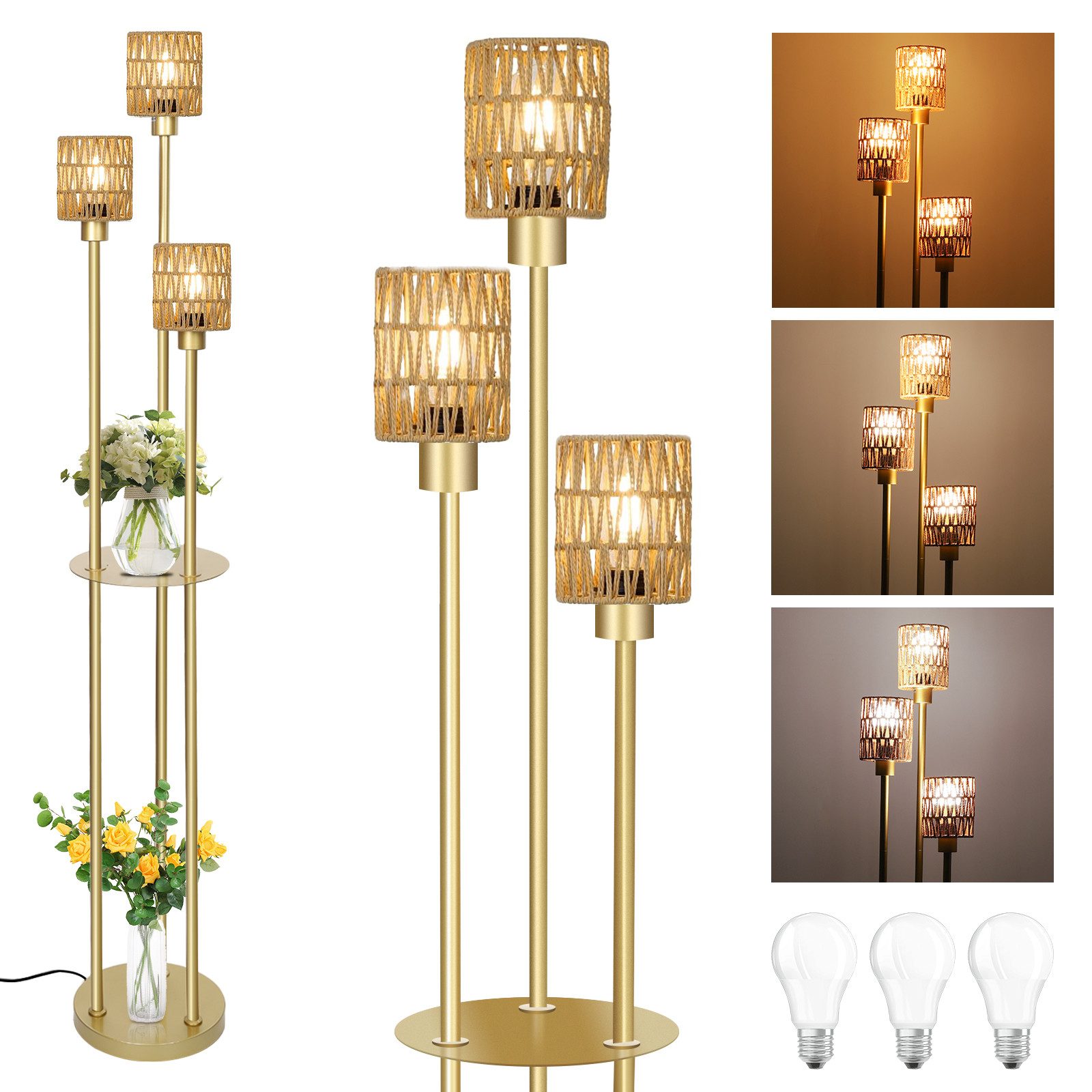 Stehlampe Rattan Stehlampe mit Metall Regal, mit 3 Glühbirnen, 3 Farbtemperatur