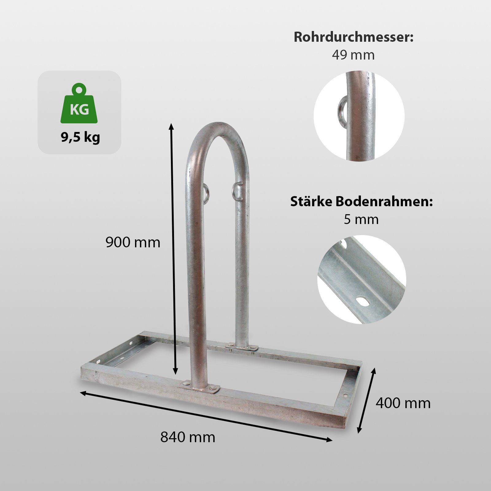 TRUTZHOLM Fahrradständer Fahrradanlehnbügel 90x84 cm Stahl feuerverzinkt Ø 49 mm freistehend (1er, 1-St., Inkl. Montagematerial zur optionalen Erweiterung), freistehend, feuerverzinkt, rostfrei, erweiterbar