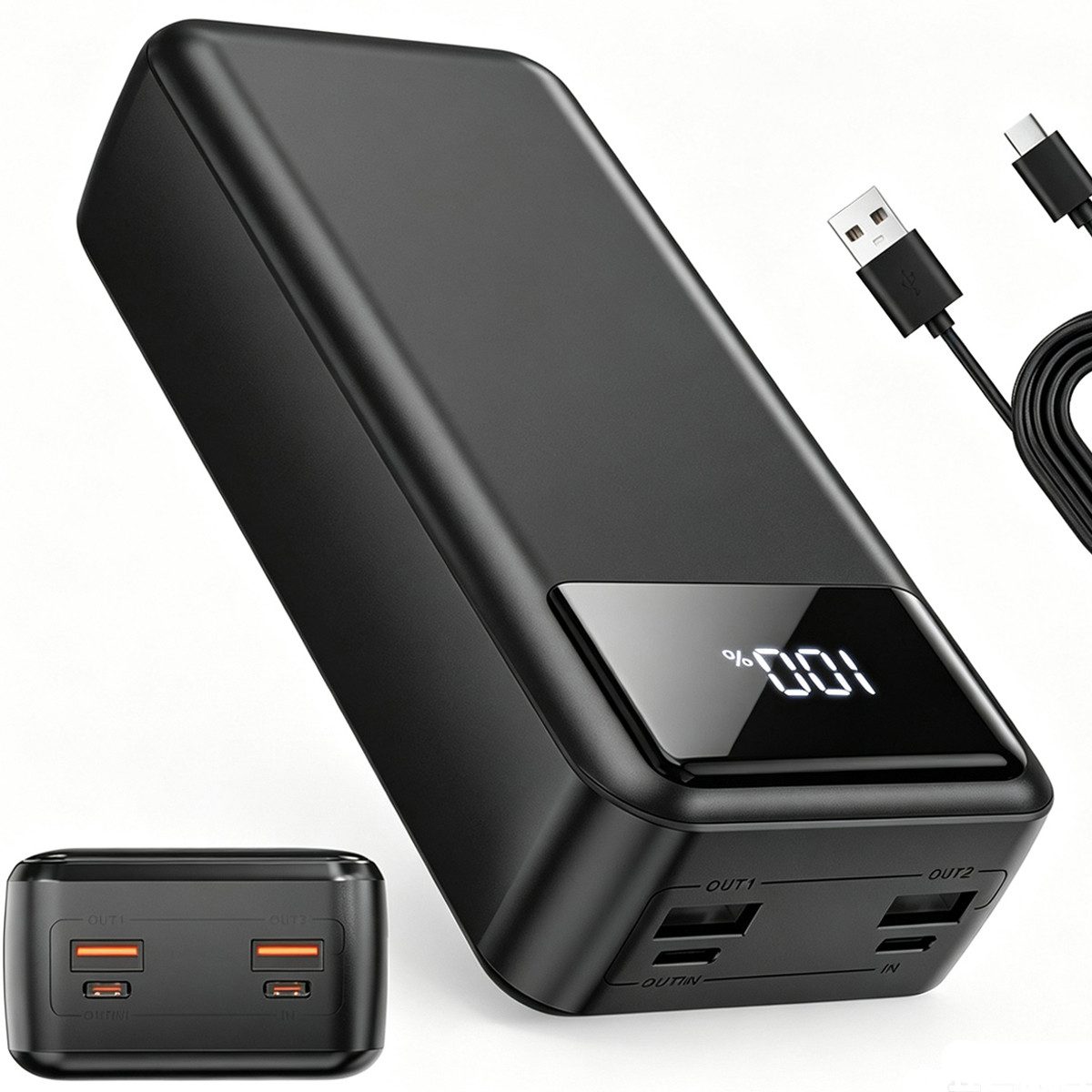Pdgrid 50000 mAh 22,5W Schnellladung LED Anzeige Externer Akku Powerbank USB-C mit 4 Ausgängen & 2 Eingängen 23A 50000 mAh, Tragbares Ladegerät; LED-Display für iPhone, Samsung, iPad etc.