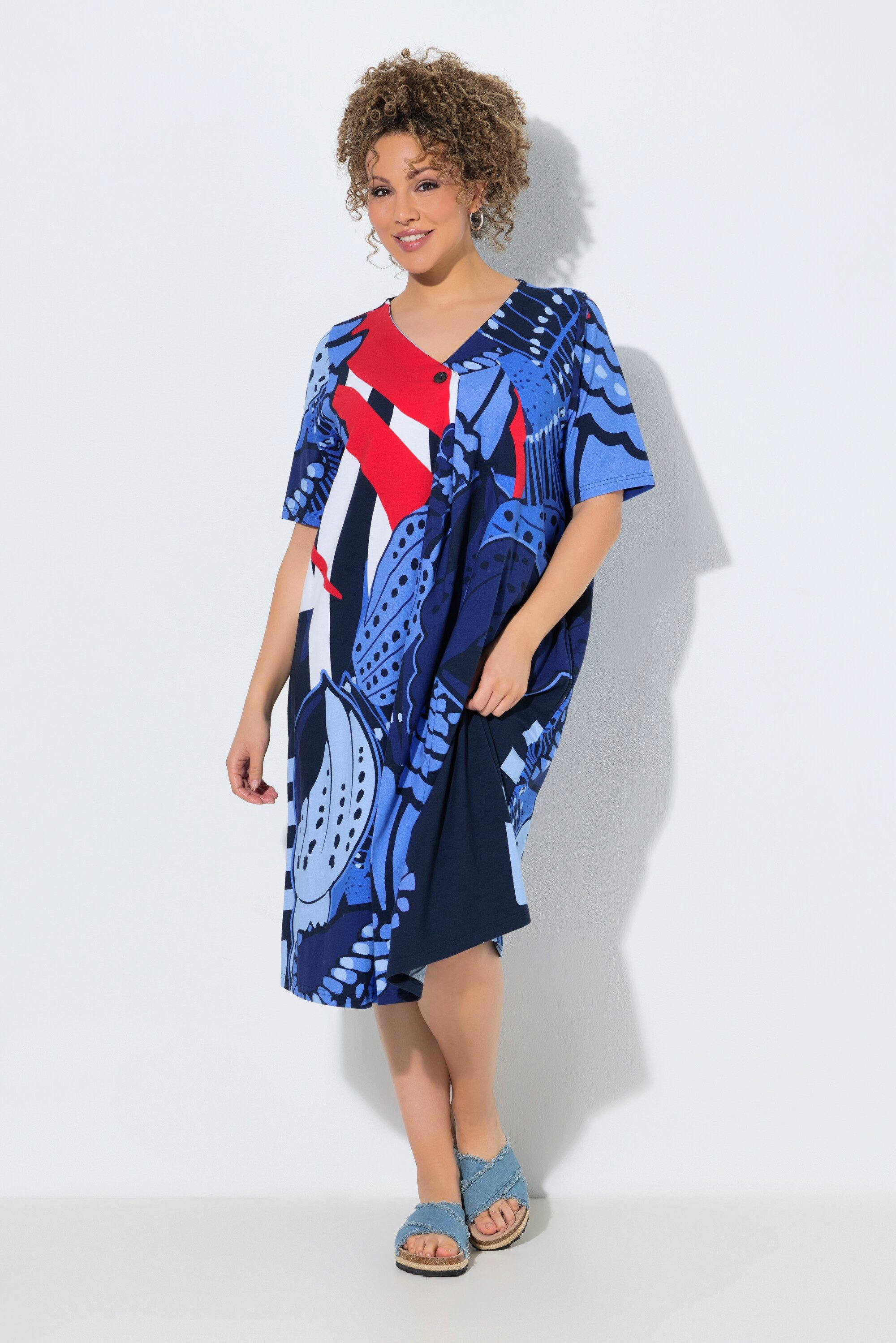 Ulla Popken Jerseykleid Midikleid A-Linie V-Ausschnitt Halbarm Taschen