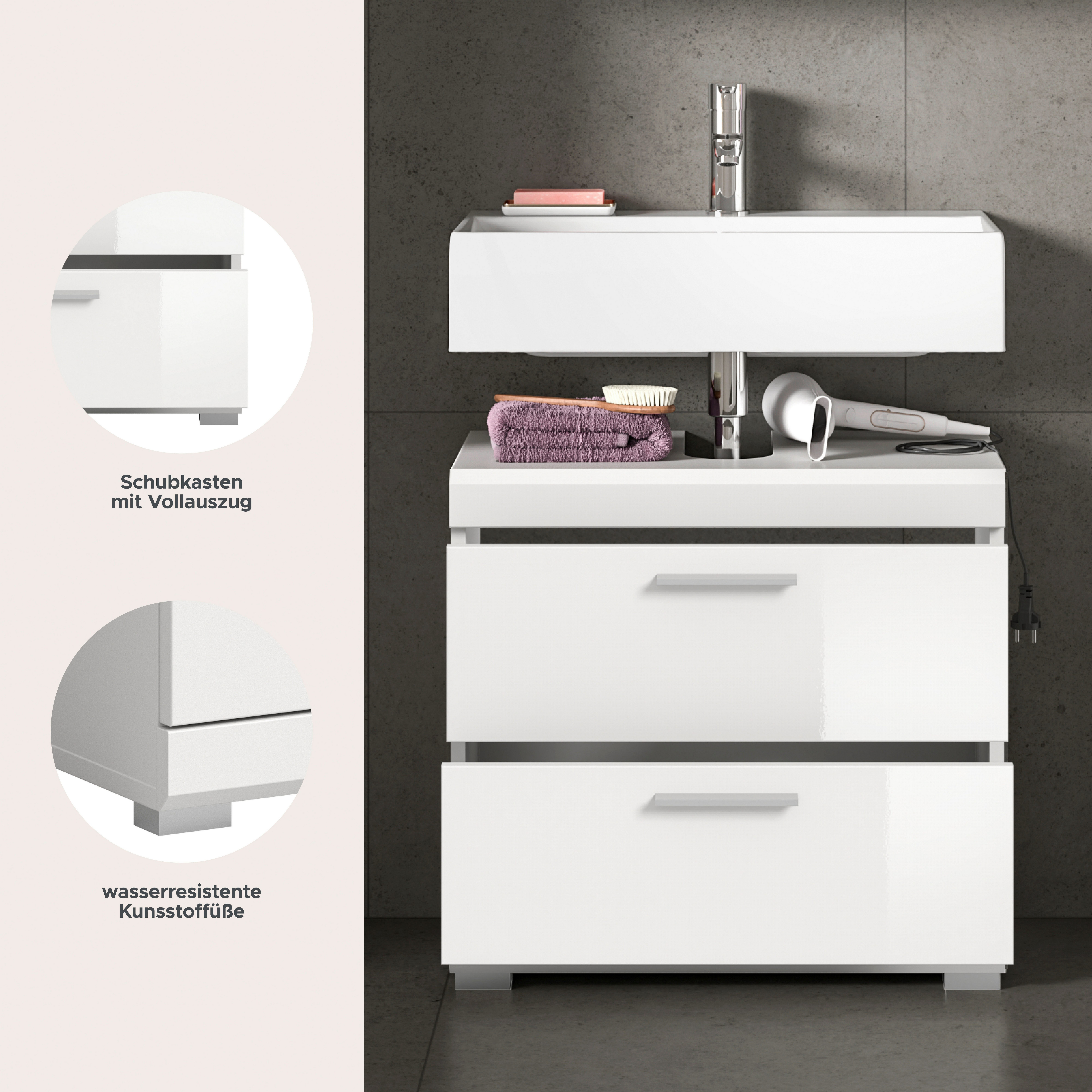 welltime Waschbeckenunterschrank SIENA, Breite 60cm, mit 2 Türen oder 2 Schubkästen, MDF-Front (1-St., TOPSELLER!, mit Siphonausschnitt 10x25 cm) in verschiedenen Farben erhältlich, Badmöbel, Badschrank, Kommode, Bad