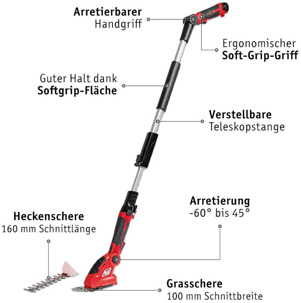 WALTER Akku-Grasschere 12V Akku Grasschere Heckenschere 2in1 inkl. Akku und Teleskopstange, Inkl. stufenlos verstellbarer Teleskopstange
