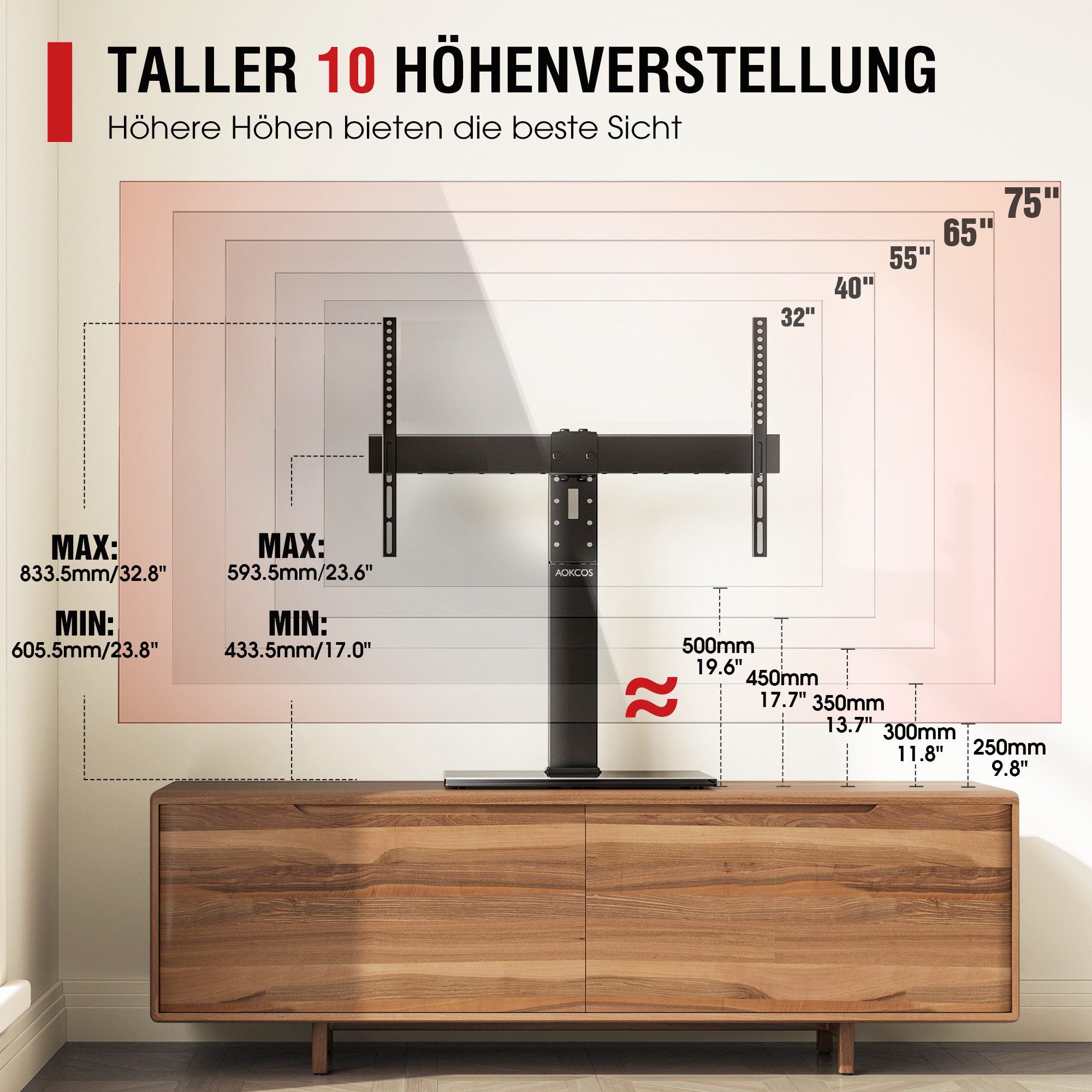 AOKCOS TV-Ständer Tisch-TV-Ständer, TV-Standfuß, 32-75 Zoll, (bis 75 Zoll, höhenverstellbar, ±25° schwenkabr, rutschfeste Füße)
