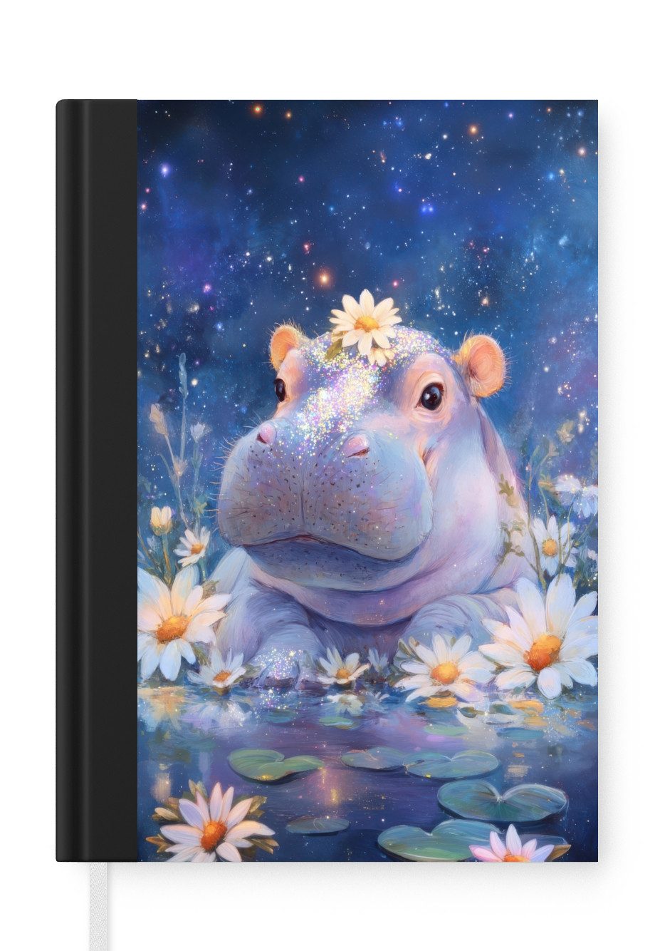 MuchoWow Notizbuch Nilpferd - Gänseblümchen - Sternenhimmel, Notebook, Notizblock a5, Tagebuch, Journal Liniert