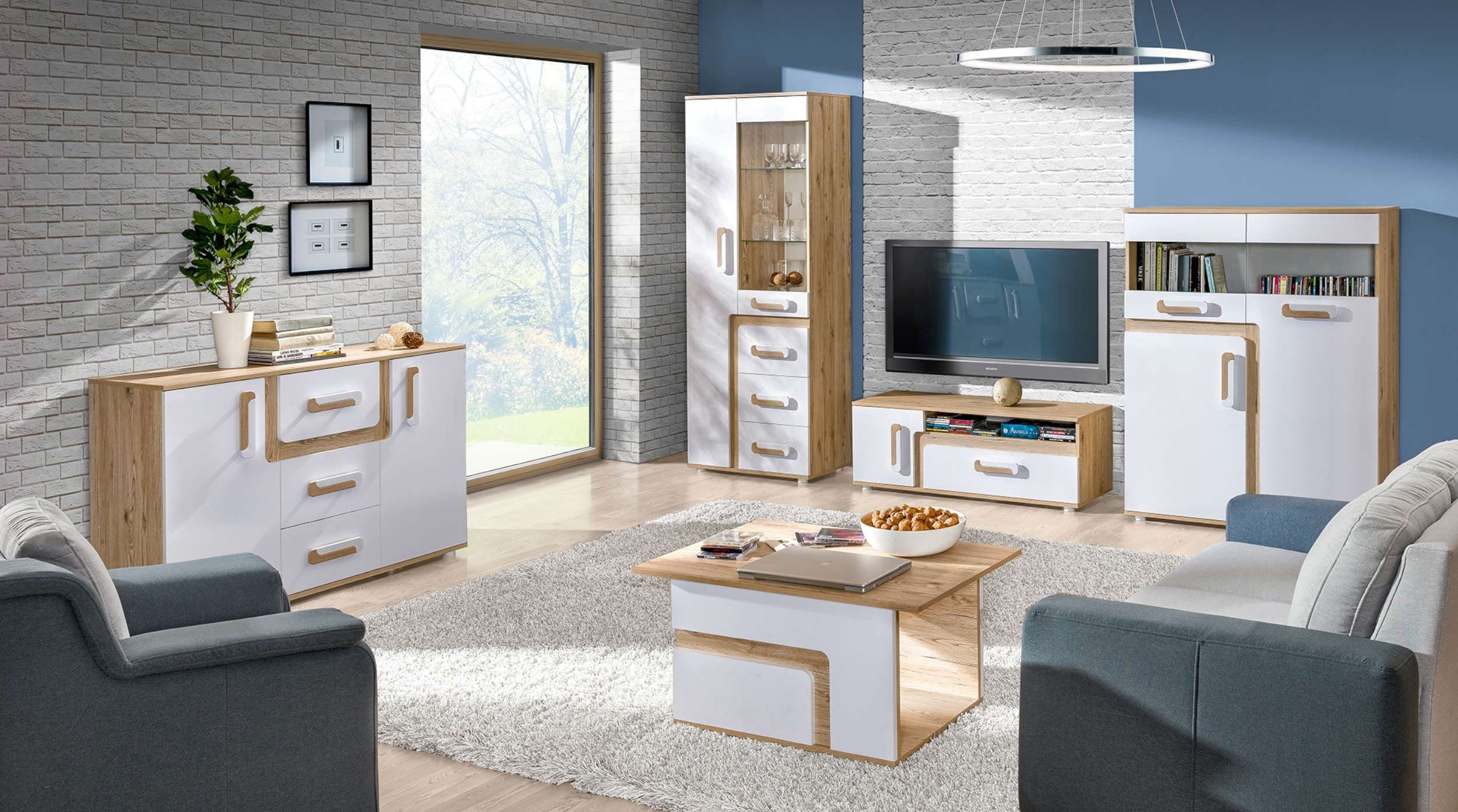 Stylefy Wohnwand Avino, (Set (5-St), Wohnmöbel), bestehend aus 2xKommode, 1xStandvitrine, 1xLowboard, 1xCouchtisch, variabel stellbar
