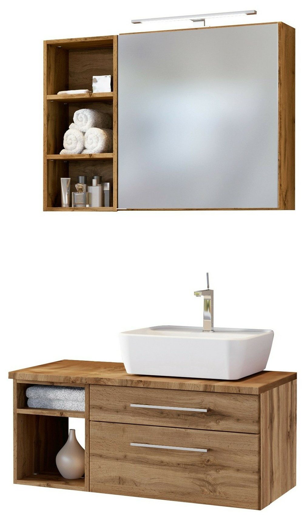 Basera® Badmöbel-Set Basera® Avola 90 cm breit, Wotaneiche, inkl. LED-Spiegelschrank, Hängeregal und Waschtisch m...