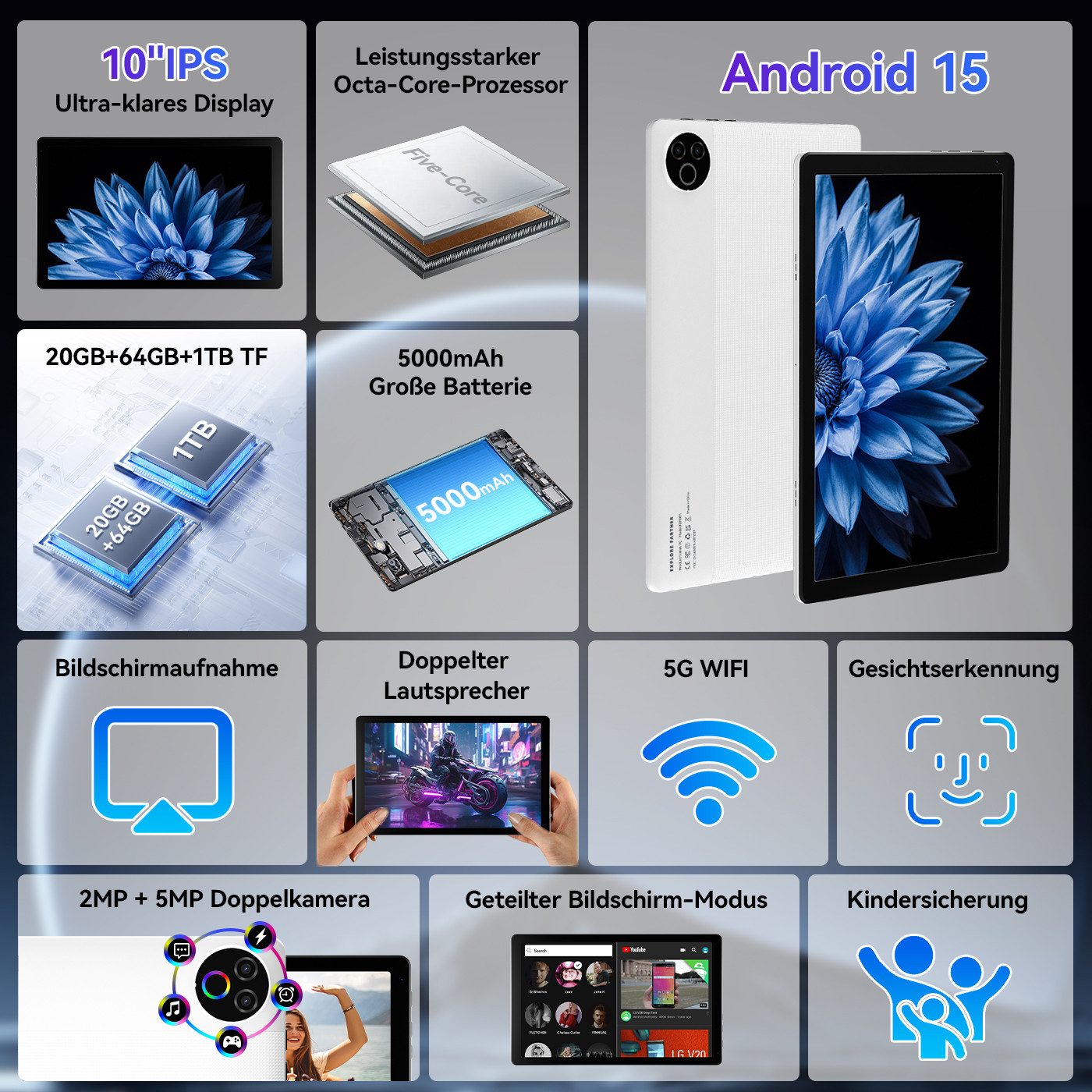 Happybe 10,1 Zoll Android 64GB ROM Erweiterbar auf 1 TB, 1280x800 5000mAh Tablet (10", 64 GB, Android 15, WiFi6, Widevine L1, Split-Screen-Funktion, OTG-Übertragung)