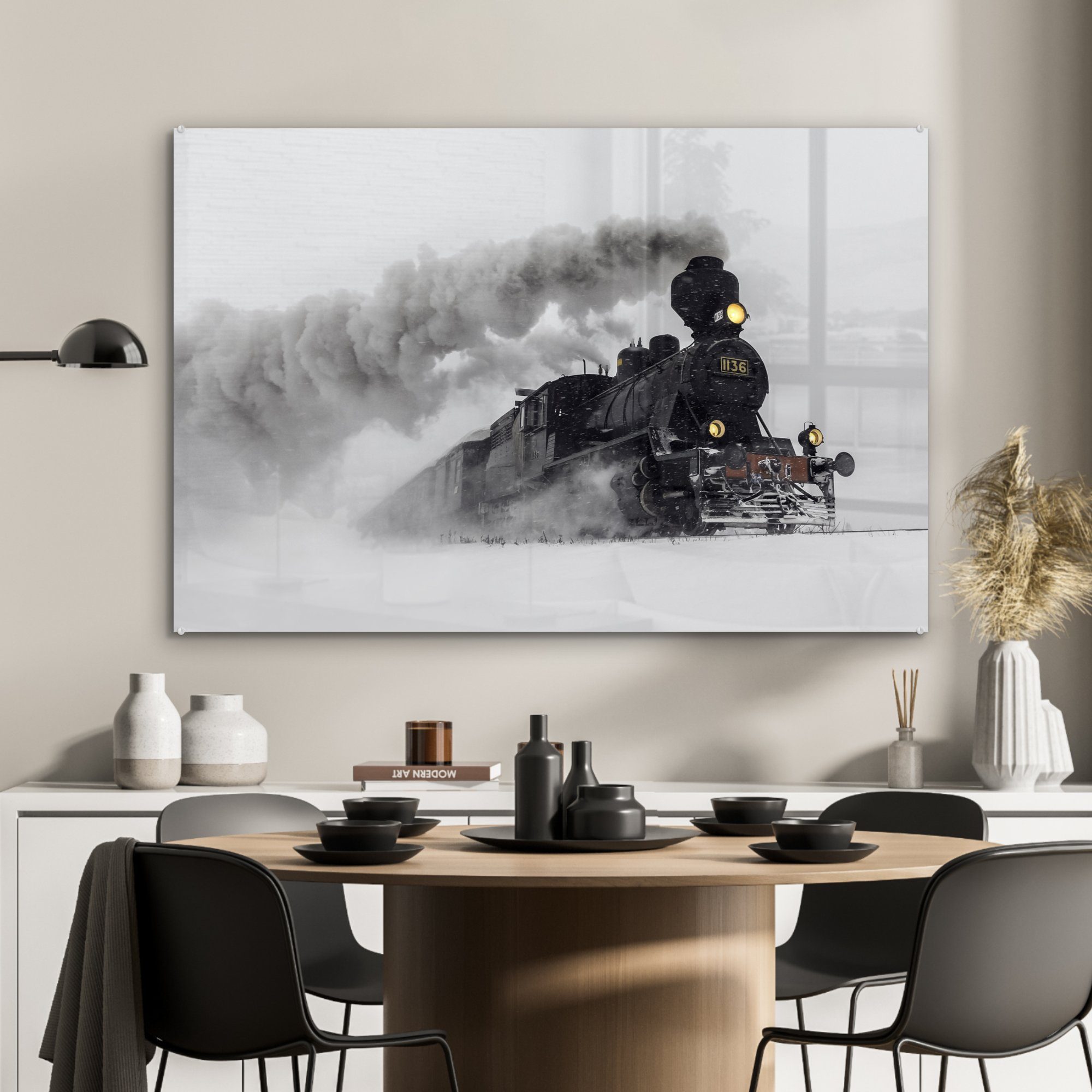 (1 MuchoWow liegend, St), Dampflokomotive Schlafzimmer Wohnzimmer & Acrylglasbild Acrylglasbilder im - Schnee