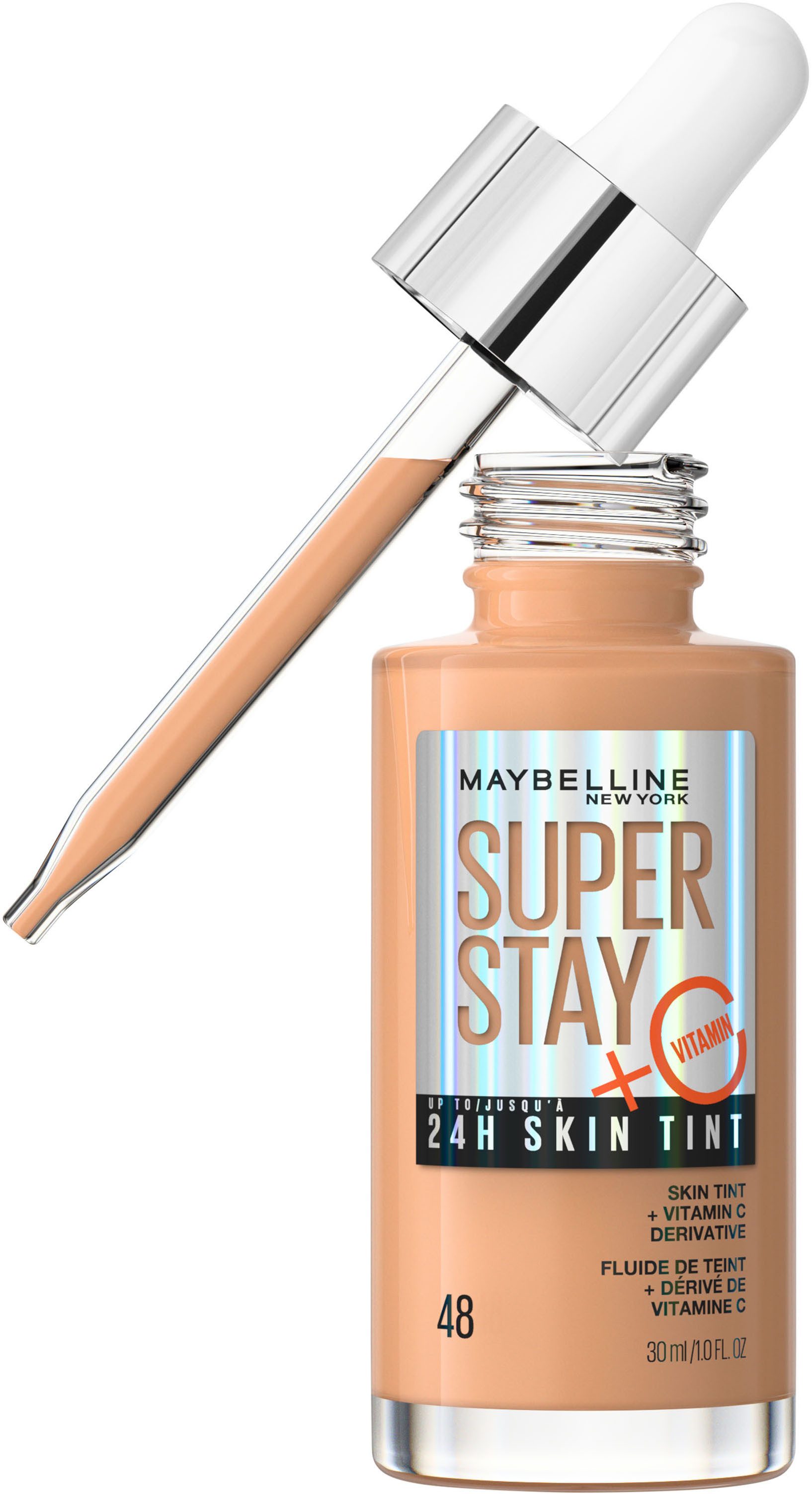 MAYBELLINE NEW YORK Foundation SUPER STAY 24H SKIN TINT MIT VITAMIN C, bietet dank hautähnlicher Pigmente eine leichte bis mittlere Deckkraft