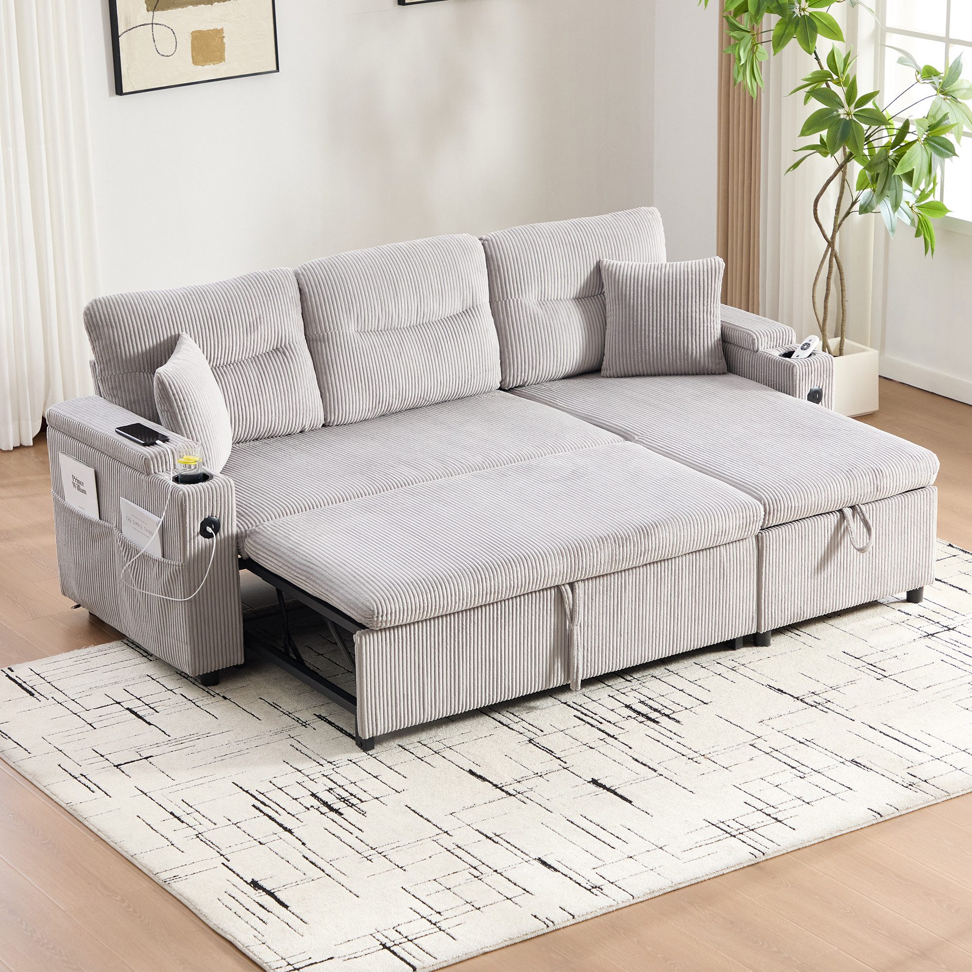 REDOM Sofa mit integriertem Stauraum, USB-C-Anschluss und Getränkehaltern, Ecksofa Schlafsofa, Chaiselongue und Schubladenbett