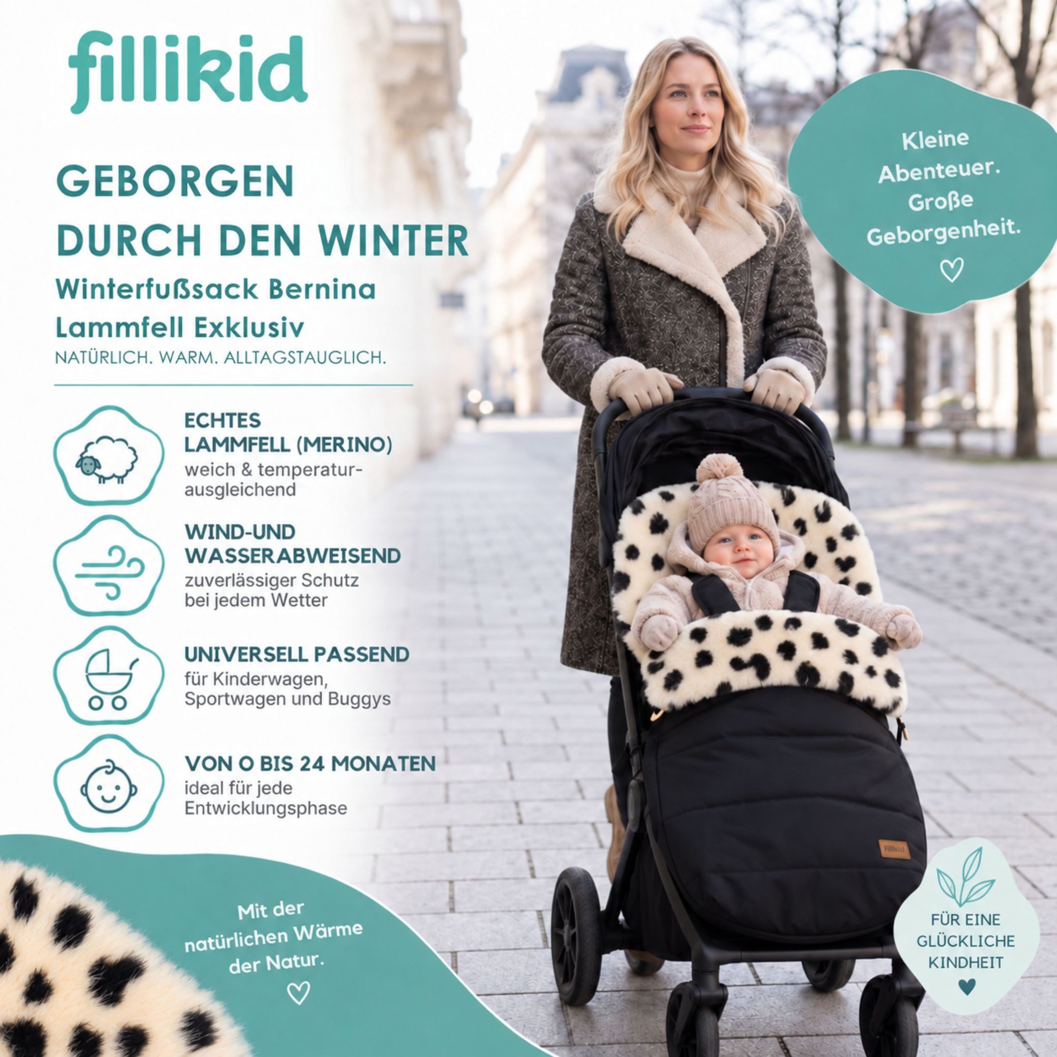 Fillikid Fußsack Winterfußsack Bernina Lammfell Exklusiv, Warmer Winterfußsack mit echtem Merino-Lammfell wasserabweisend und – Bild 2 von 5