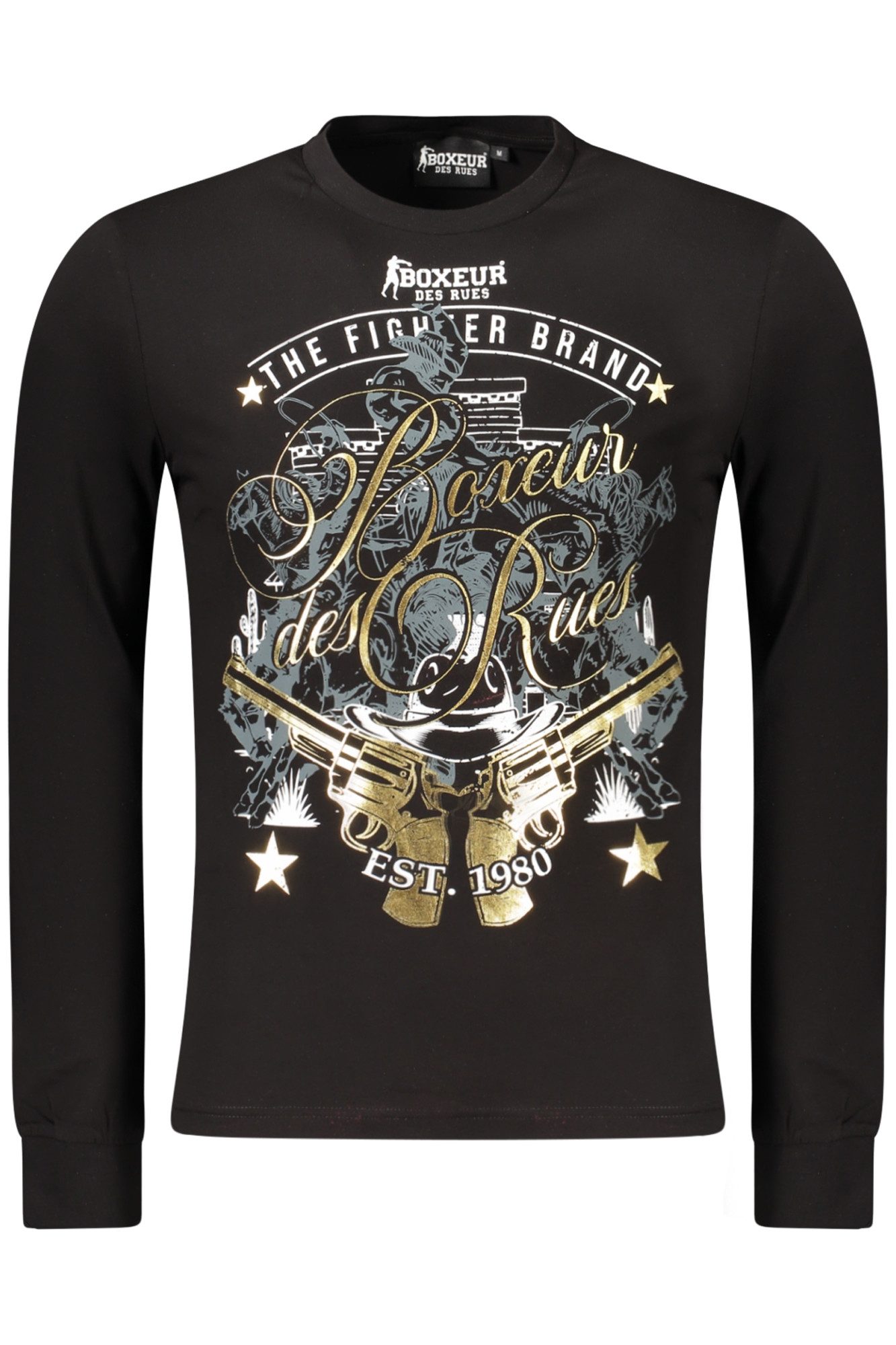 BOXEUR DES RUES T-Shirt Herren Langarm-Shirt Schwarz mit Rundhals &