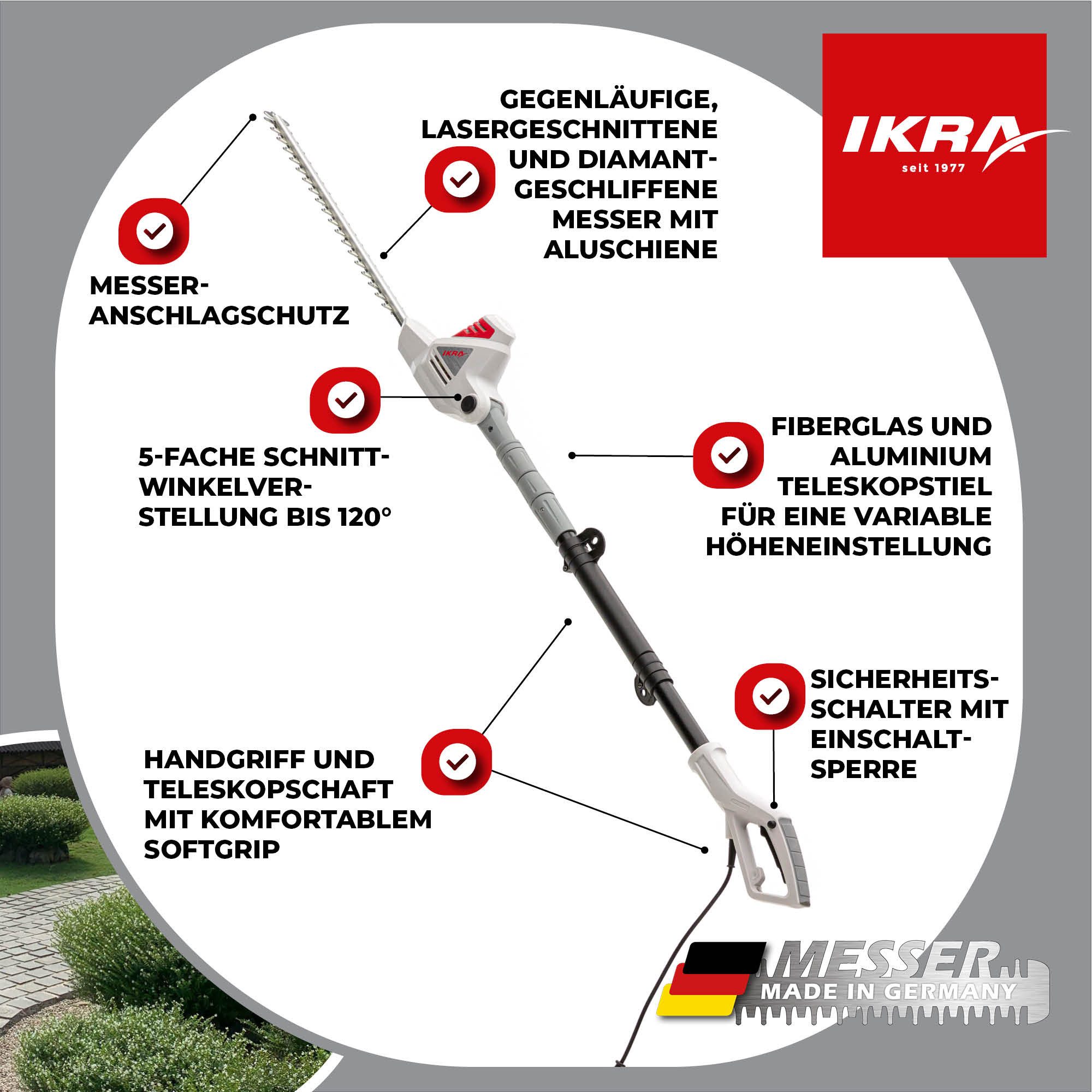 ikra GmbH Teleskop-Heckenschere ITHS 600, bis 2,40 m Arbeitshöhe, Laser- & diamantgeschliffenen Qualitätsmesser "Made in Germany“