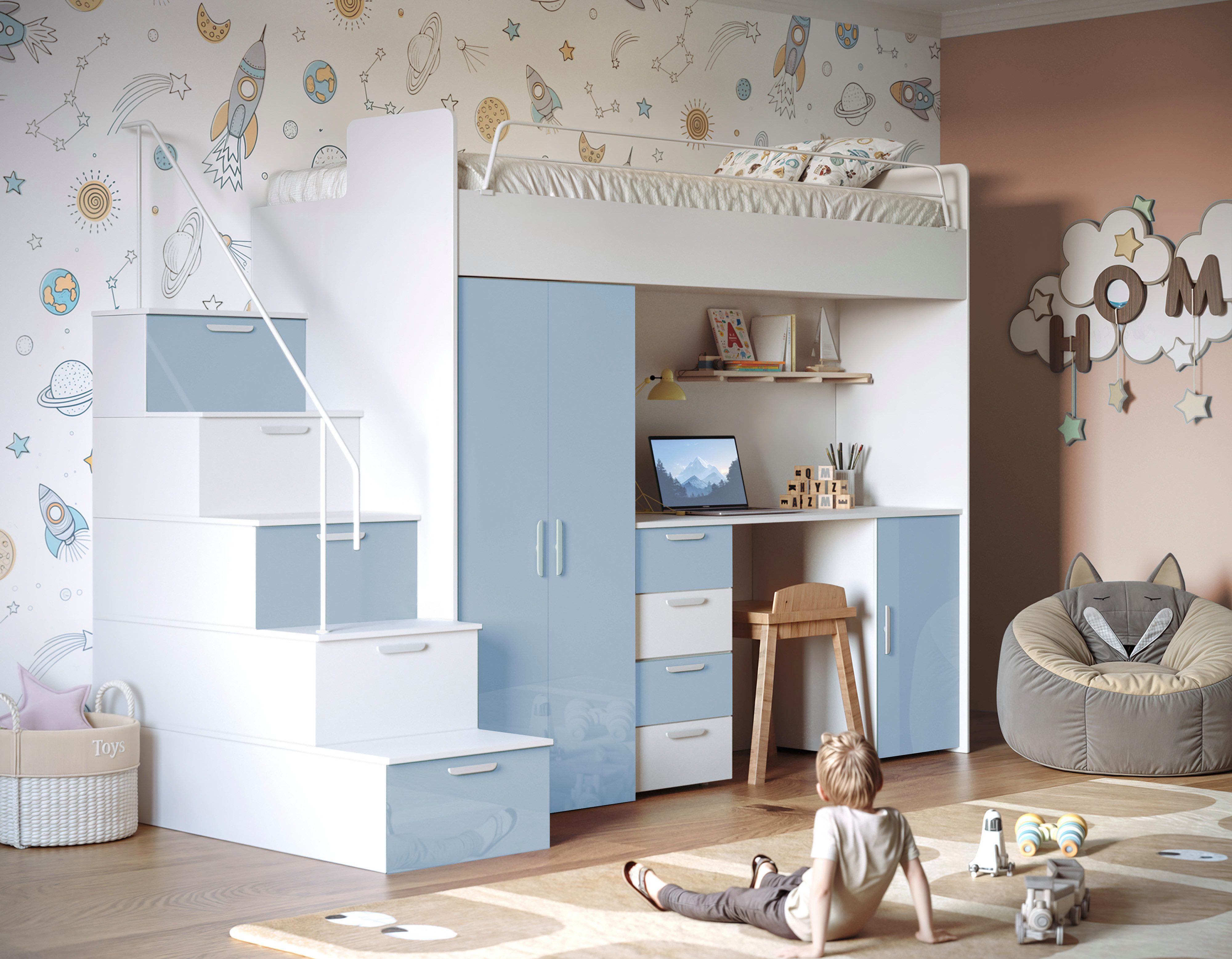 Luxusbetten24 Hochbett Kinderhochbett Dream mit Schreibtisch, Kleiderschrank und Staufächern
