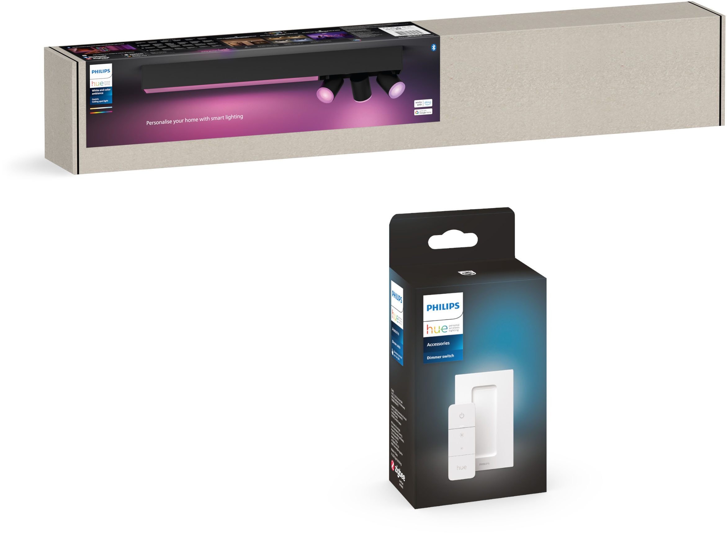 Philips Hue Smarte LED-Leuchte Bundle White & Color Ambiance Centris 3er Spot schwarz, Abschaltautomatik, Bluetooth, CCT - über Fernbedienung, Dimmer, Dimmfunktion, Farbsteuerung, Farbwechsel, Fernbedienung, Infrarot inkl., Leuchtdauer einstellbar, Memoryfunktion, Nachtlichtfunktion, RGB, Smart Home, Timerfunktion, dimmbar über Fernbedienung, erweiterbar, mehrere Helligkeitsstufen, LED wechselbar, RGB, inkl. Philips Hue Dimmschalter