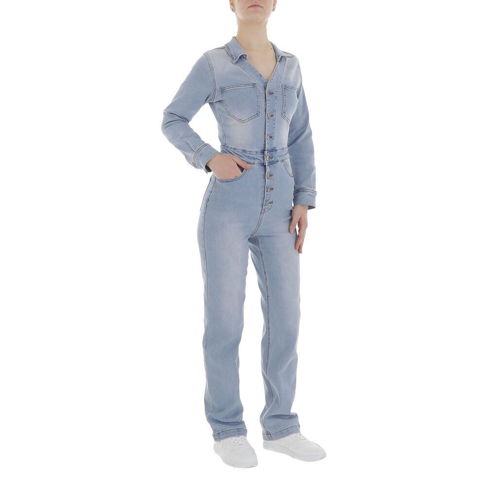 Ital-Design Jumpsuit Damen Freizeit (86746056) Used-Look Stretch Langer Jumpsuit in Hellblau – Bild 4 von 5