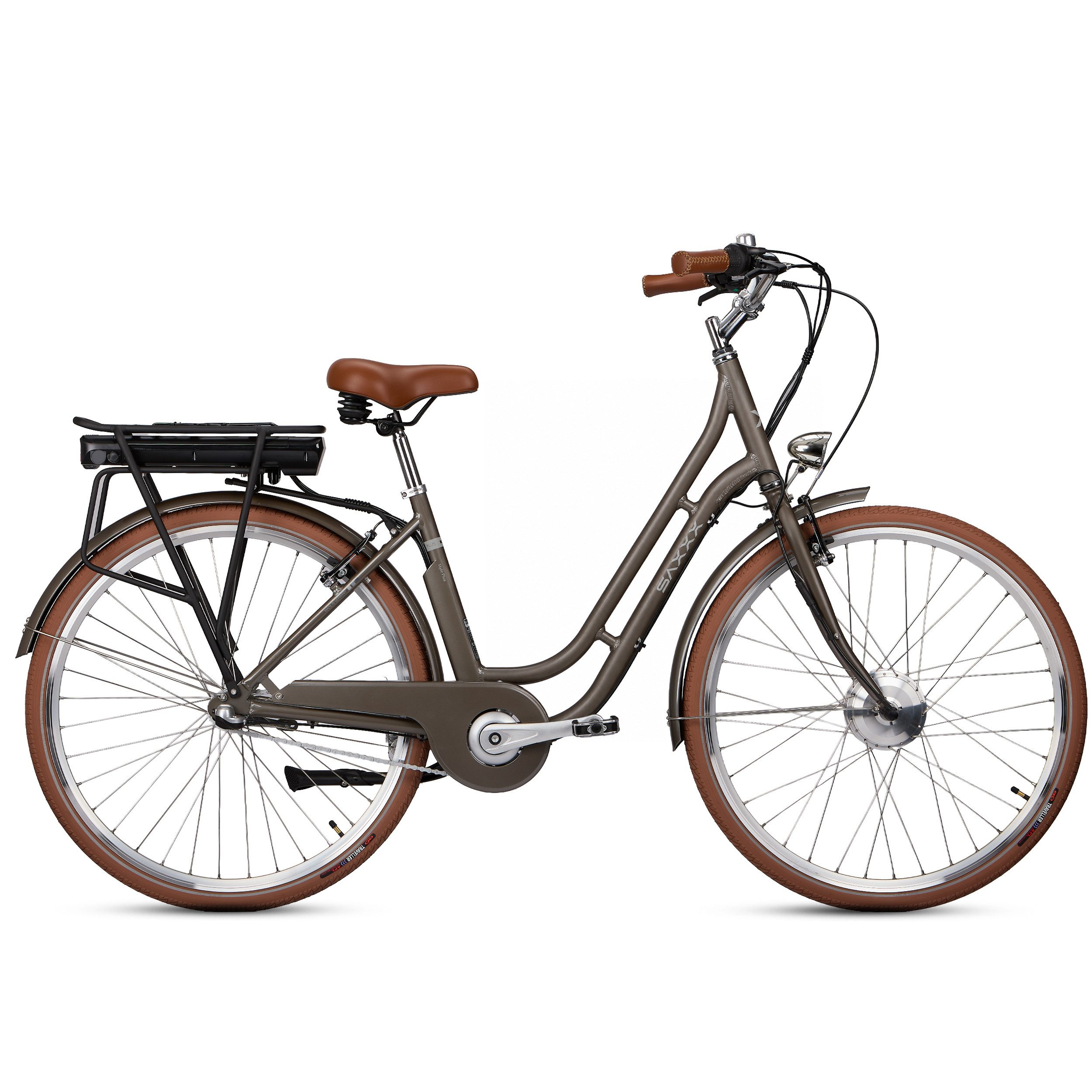SAXXX E-Bike Cityrad 28 Zoll, bis zu 90km, Elektrofahrrad mit Tiefeinstieg, RH: 45 cm, 3 Gang Shimano Nexus Schaltwerk, Nabenschaltung, Frontmotor, 374 Wh, (max. 130kg, V-Bremse, Trekkingrad, mit Gepäckträger), 95% vormontiert, Pedelec, E-Citybike, Elektrofahrrad für Damen Herren