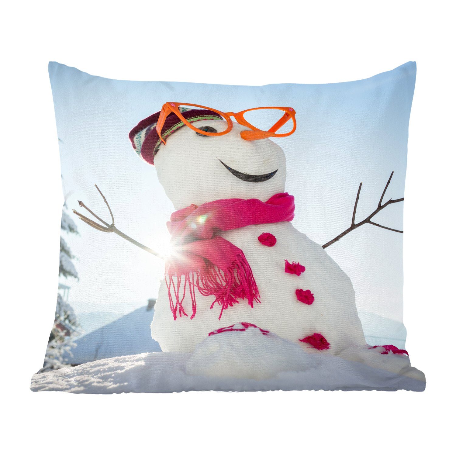 MuchoWow Dekokissen Ein Schneemann im eine weihnachtliche, Füllung Deko, Sonne Sofakissen der Rücken Wohzimmer, schafft Zierkissen mit für mit Schlafzimmer