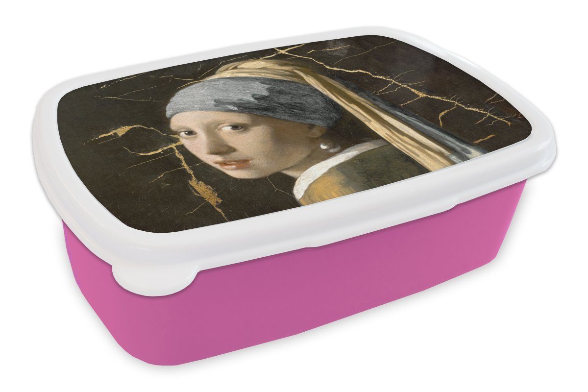 MuchoWow Lunchbox Mädchen mit Perlenohrring - Vermeer - Marmor, Kunststoff, (2-tlg), Brotbox für Erwachsene, Brotdose Kinder, Snackbox, Mädchen, Kunststoff rosa