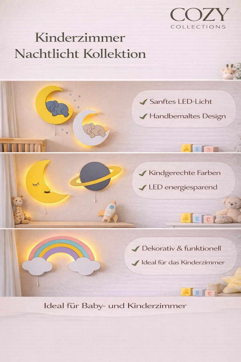COZYCOLLECTIONS LED Wandleuchte Regenbogen LED-Wandnachtleuchte aus Holz, LED, Warmweiß, Montessori-Design: ruhige Formen, warmes LED, kabellos