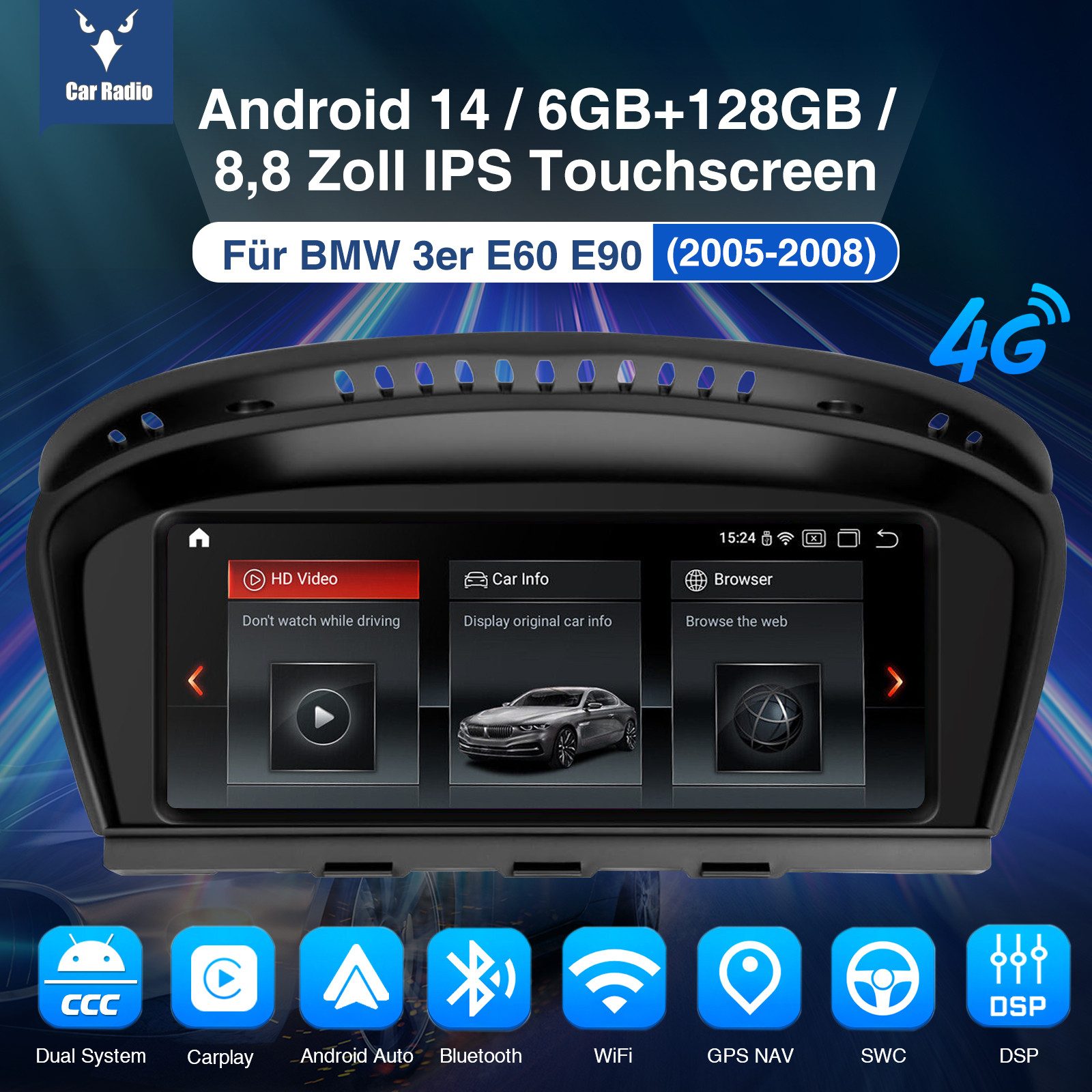 ESSGOO Android14/15 4G für BMW E60 E61 E63 E64 E90 E91 E92 E93 3/5 Series CCC Autoradio (DAB+ (optional), 8+256GB(optional), DAB (optional), 4G LTE, RDS, AM, FM, (Digitalradio (DAB), FM, AM, RDS, SWC, Navi DSP 4G LTE 8-Kern)