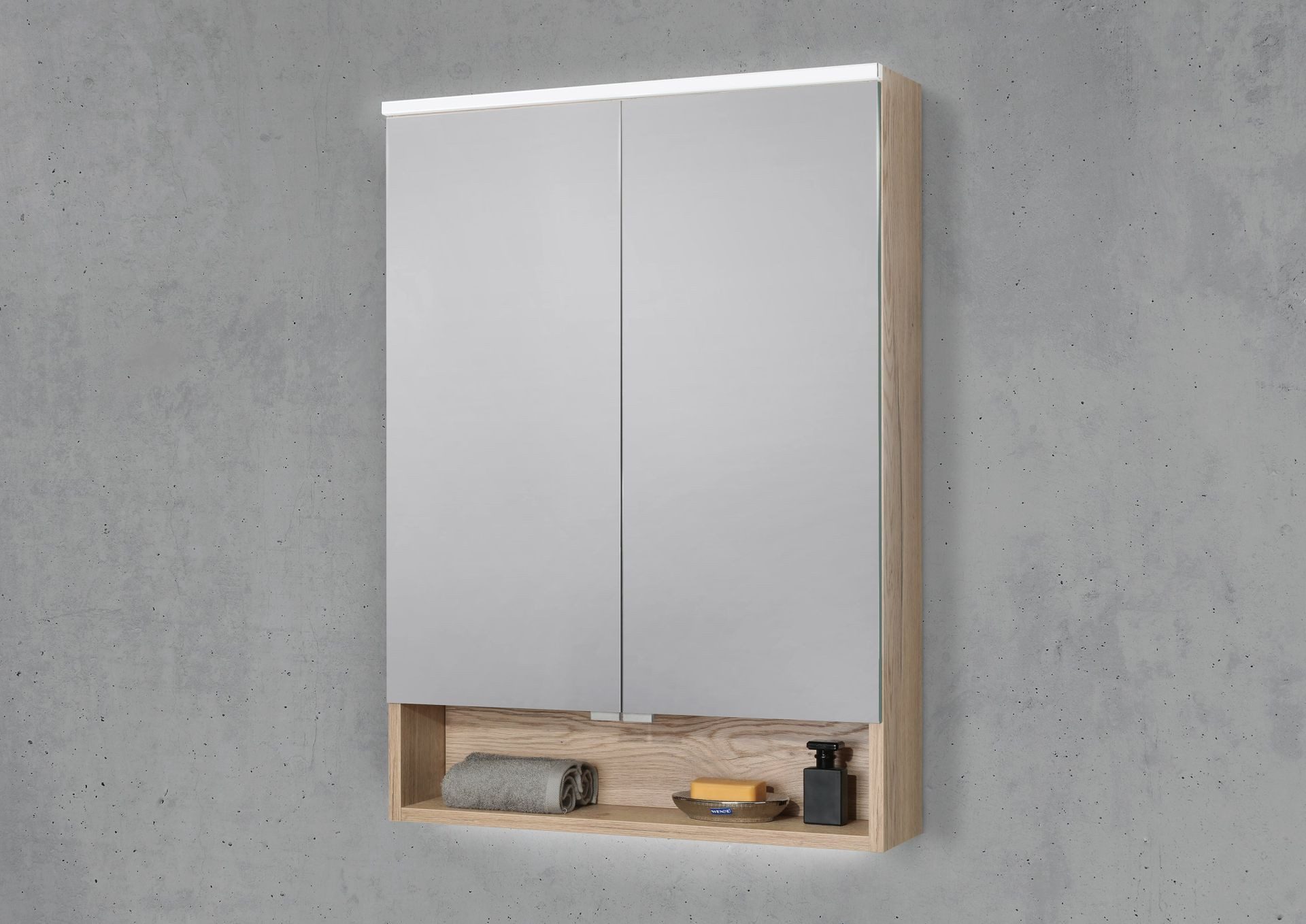 Intarbad Badezimmerspiegelschrank 2-türiger Spiegelschrank mit offenem Fach, MULTI LED Beleuchtung (Doppelspiegeltüren, Holz-/ Lackdekore, Maße von 60 bis 120 cm wählbar, Höhe 86 cm, Glasfachböden, Magnetleiste & Kosmetikspiegel Ø 12 cm) Vormontierte Lieferung, Floatglas, 160 kg Traglast, Made in Germany