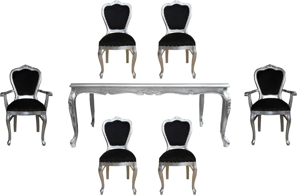 Casa Padrino Esszimmer-Set Luxus Barock Esszimmer Set Schwarz / Silber - 1 Esstisch mit Glasplatte und 6 Stühle - Barock Esszimmermöbel - Made in Italy - Luxury Collection