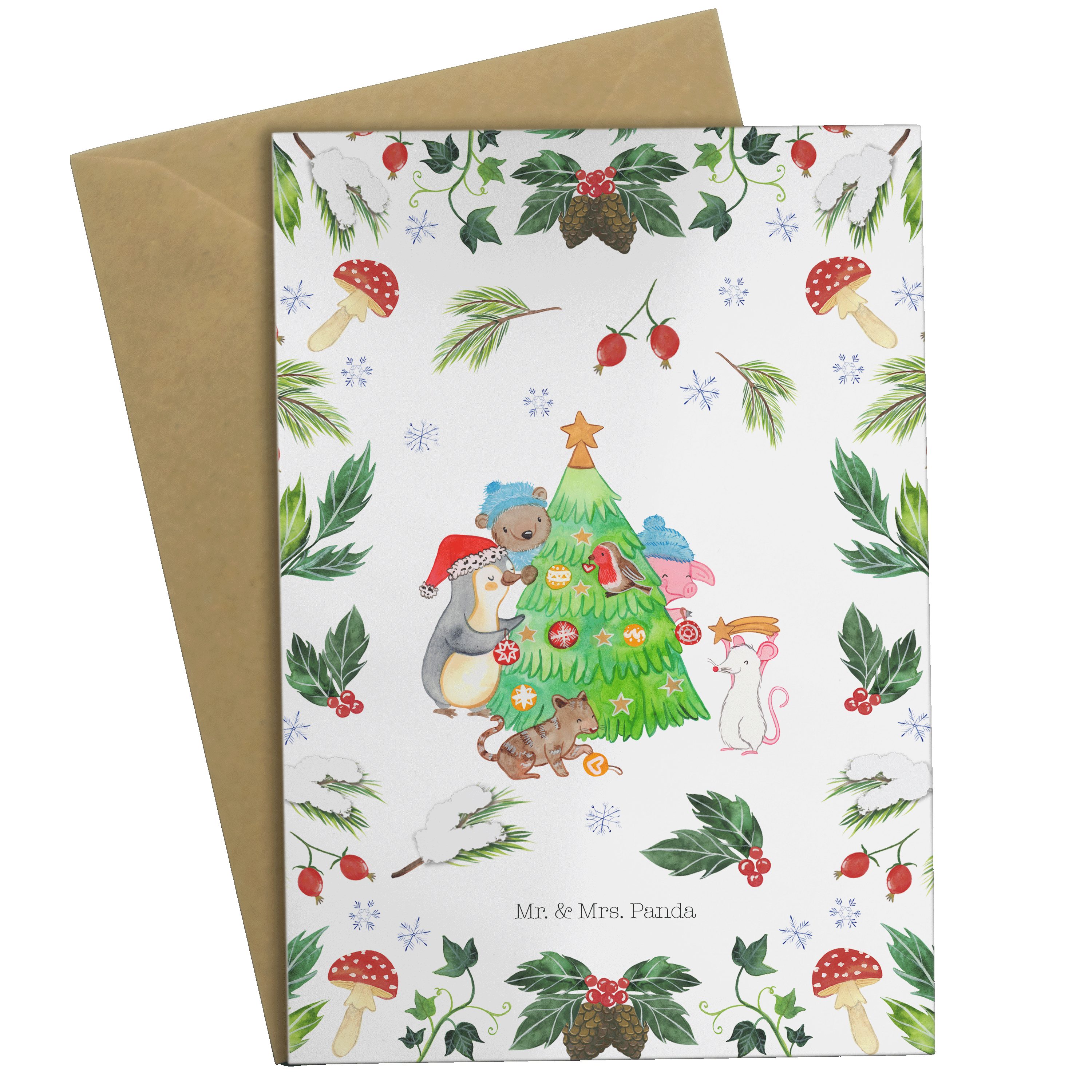 Mr. & Mrs. Panda Grußkarte Weihnachtsbaum schmücken - Weiß - Geschenk, Geburtstagskarte, Advent