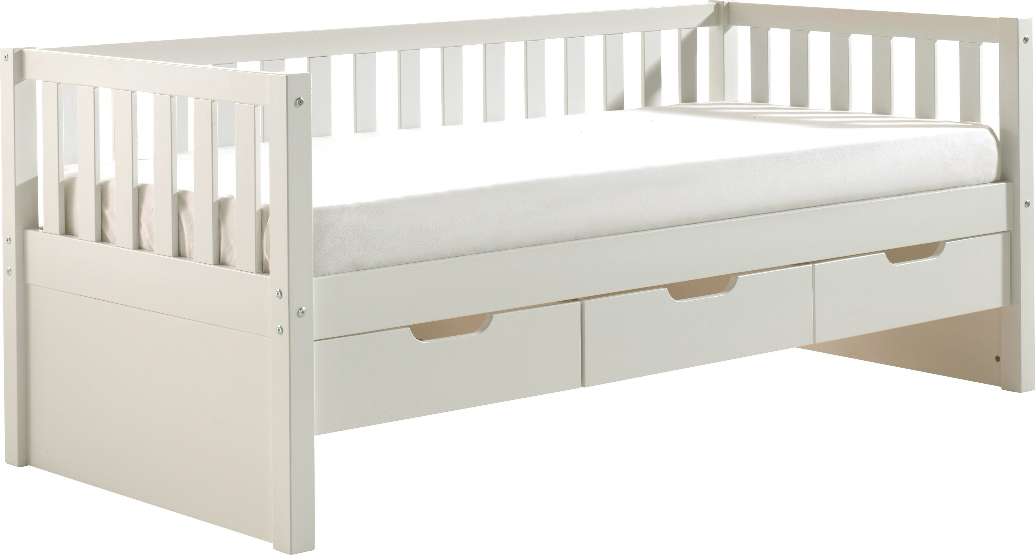 Vipack Einzelbett mit Schubladen, Kiefer massiv, viel Stauraum und zeitloses Design (B/H/T ca. 211,2x85,5x97,8cm, Ausf. Milky Pine oder Weiß), inkl. Rolllattenrost, mit oder ohne Bettschublade