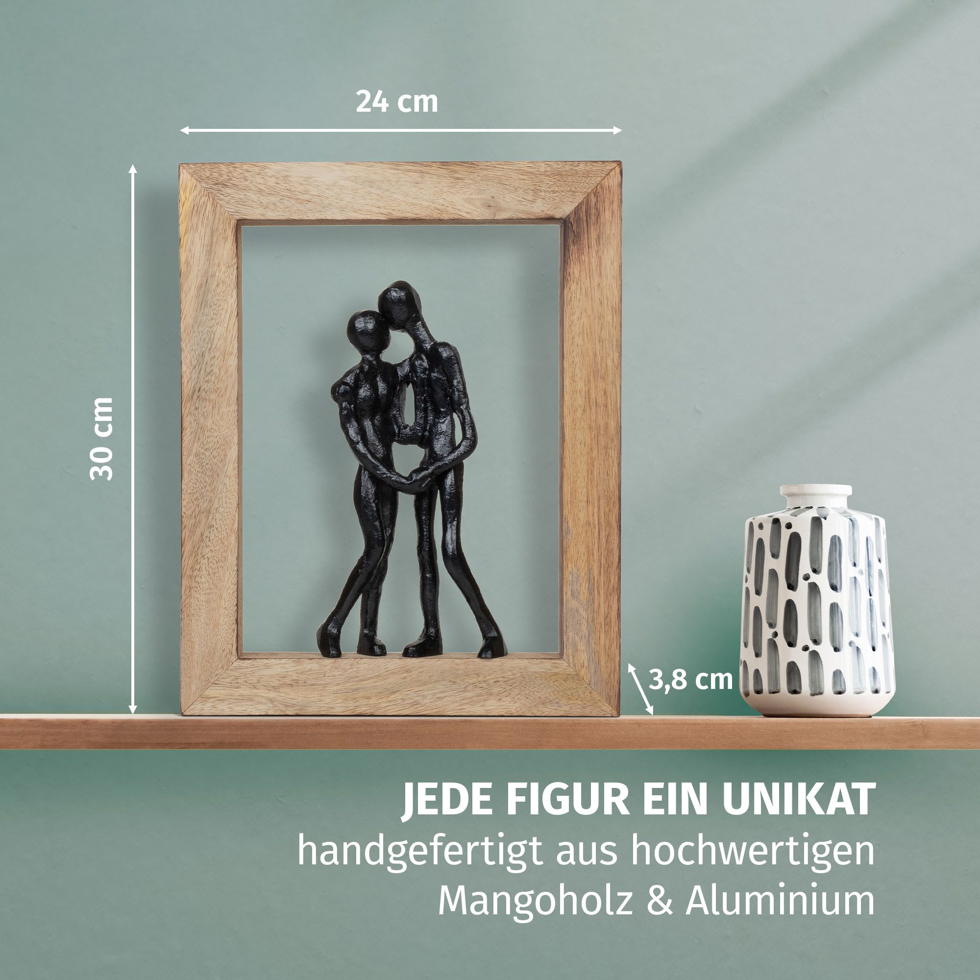 Moritz Skulptur Paarfigur Embrace Schwarz 30 cm aus Mangoholz Aluminium Rahmen Unikat
