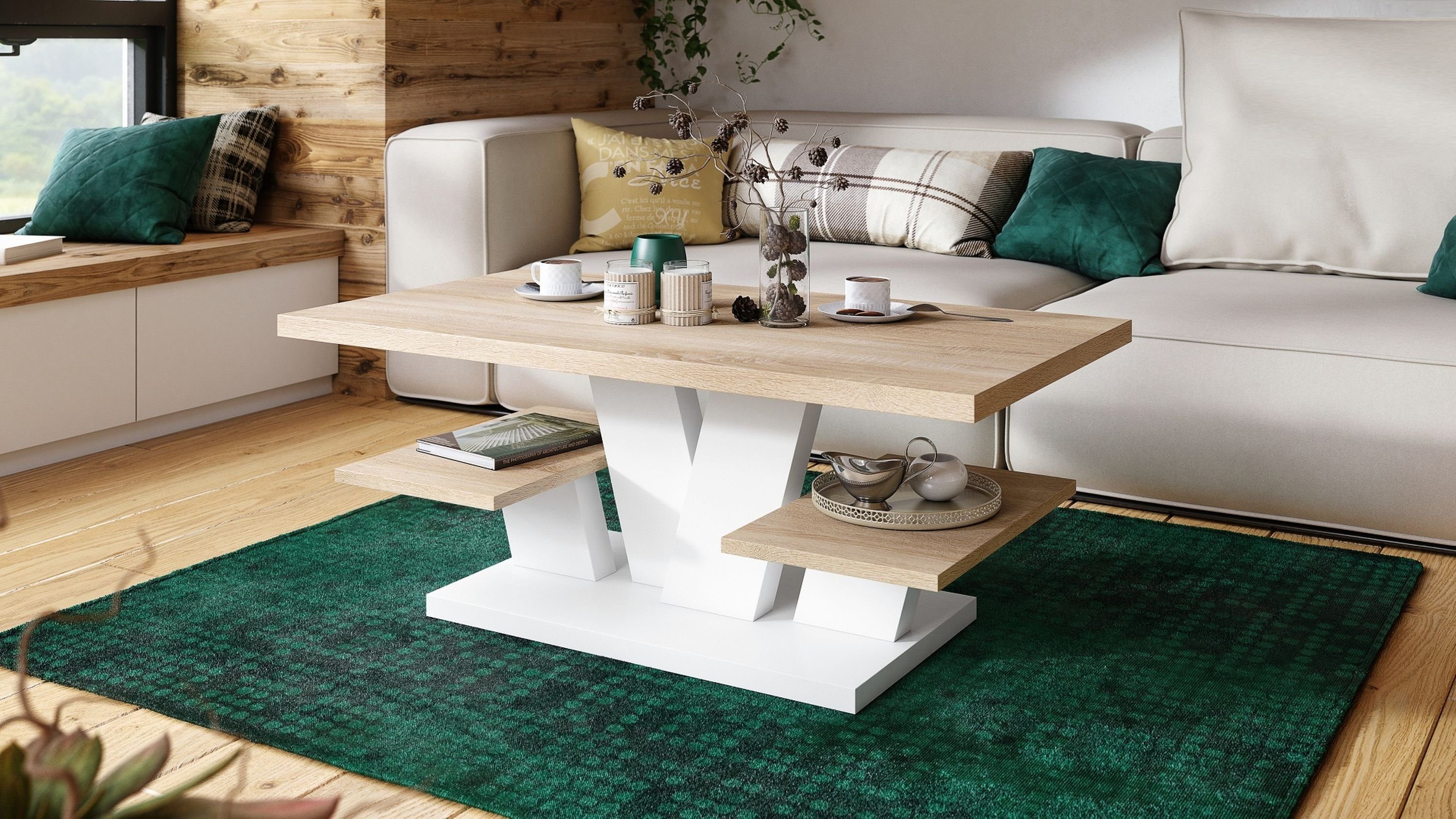 designimpex Couchtisch Design Viva Tisch Wohnzimmertisch 110x60x45 cm mit Ablagefläche Sonoma Eiche / Weiß matt