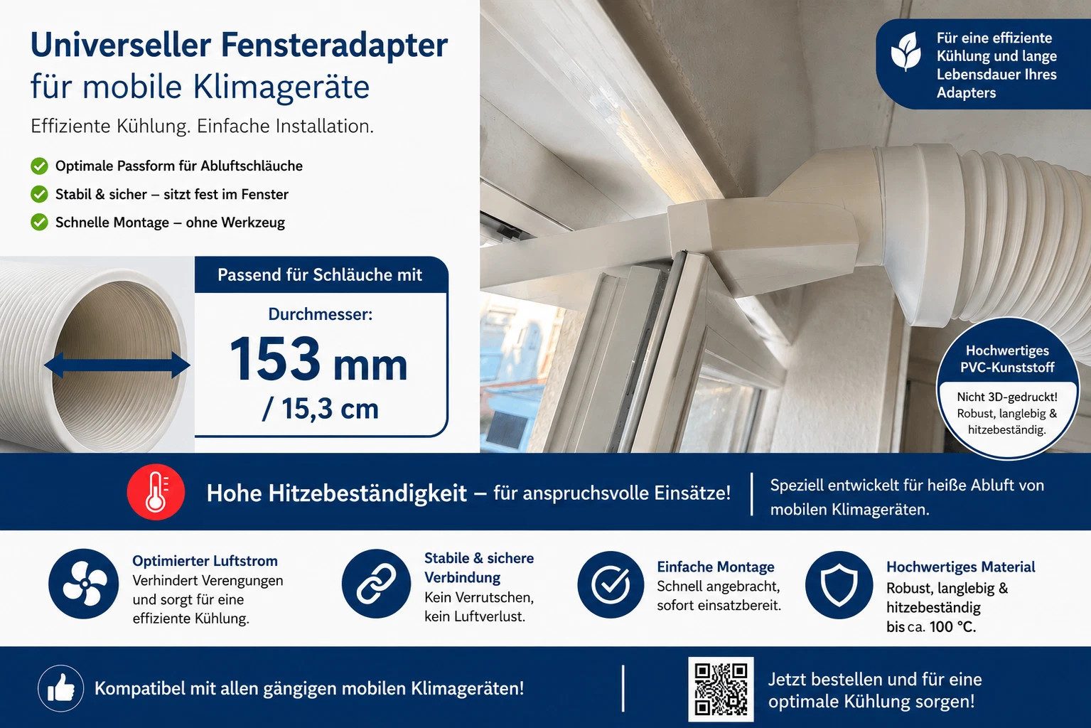 BlitzKasse Klimaanlagenschlauch Fensteradapter für Luftschlauch 150 mm für mobile Klimaanlage Trockner