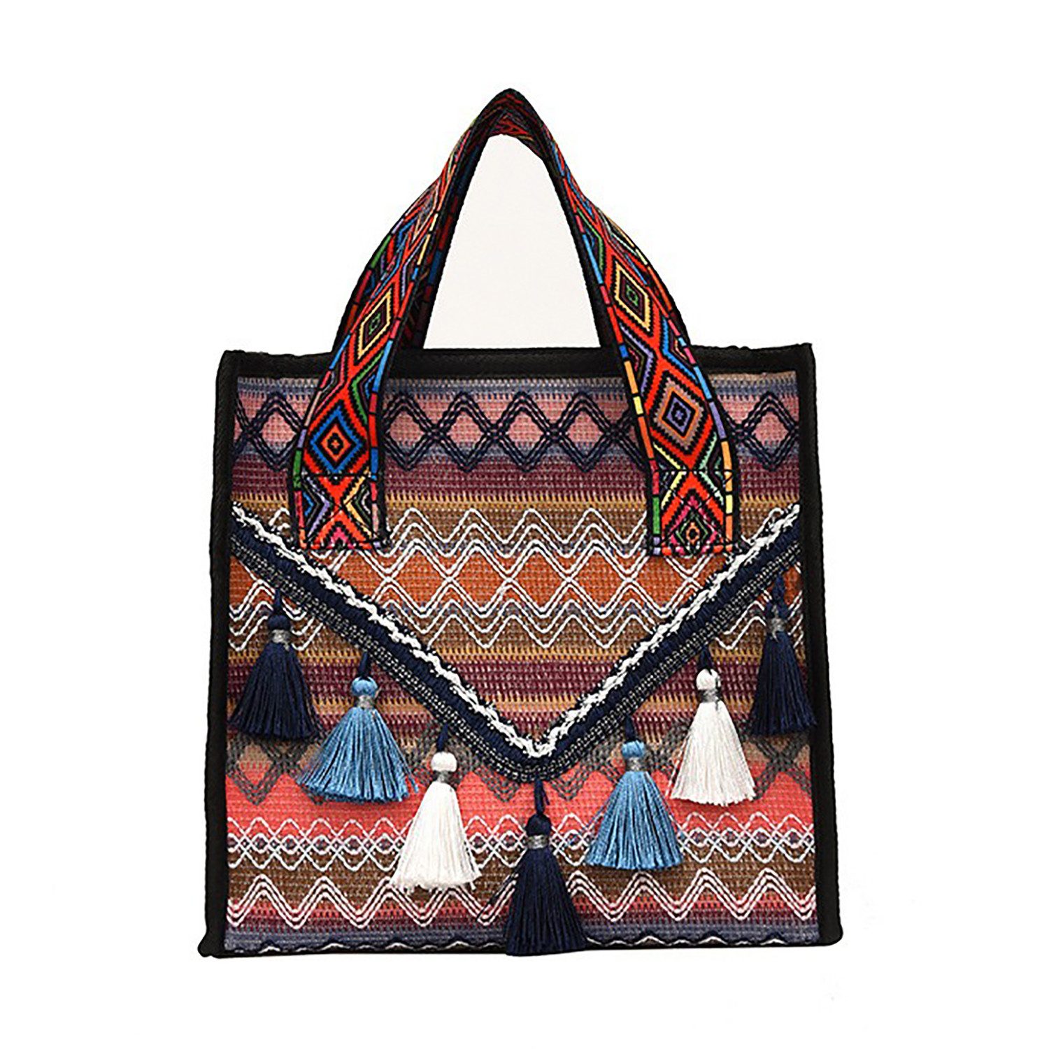 Refttenw Tragetasche Damen Boho Geflochten Henkeltasche mit Quasten Ethno-Muster Handtasche
