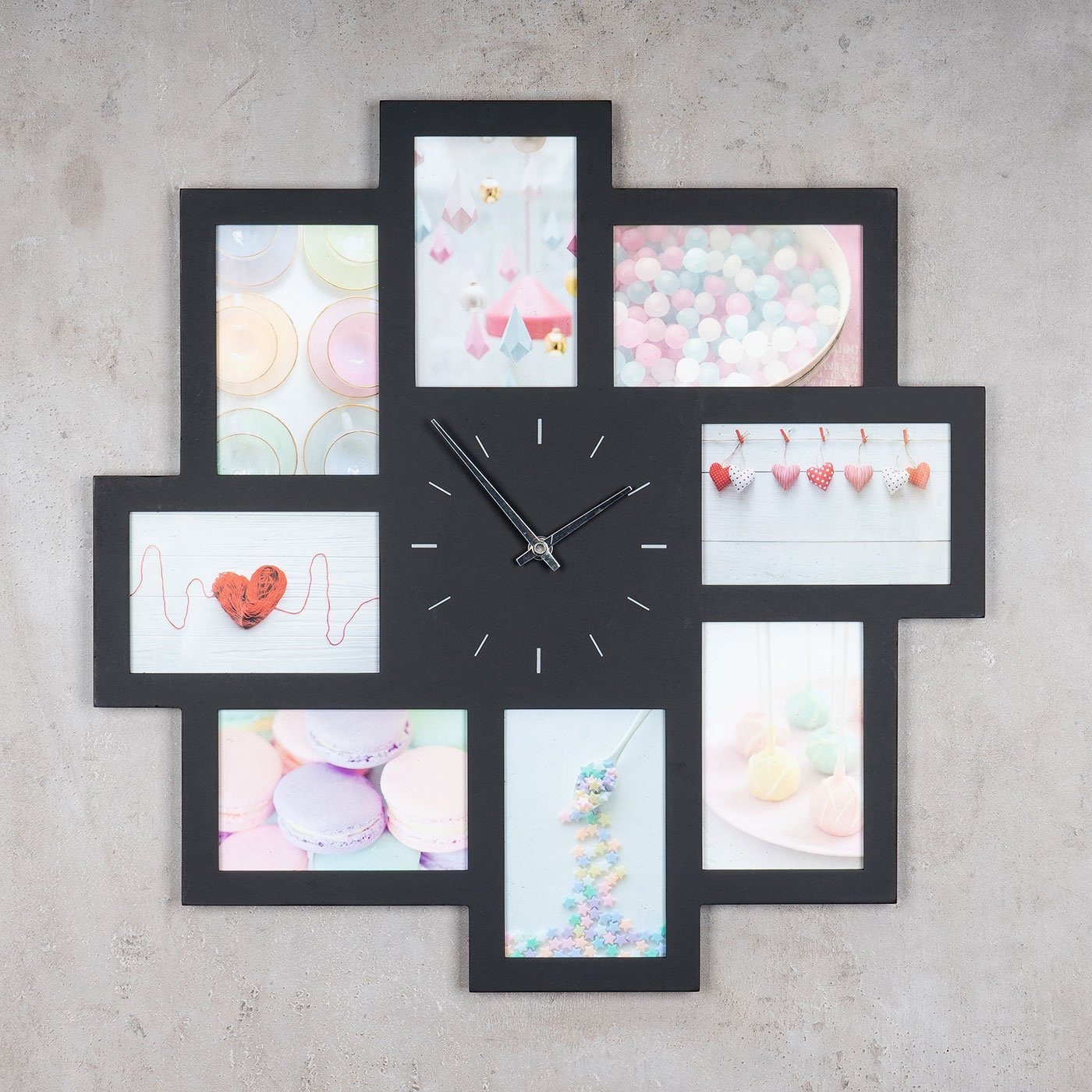 Levandeo® Bilderrahmen Collage, Wanduhr Schwarz 52x52cm günstig online kaufen