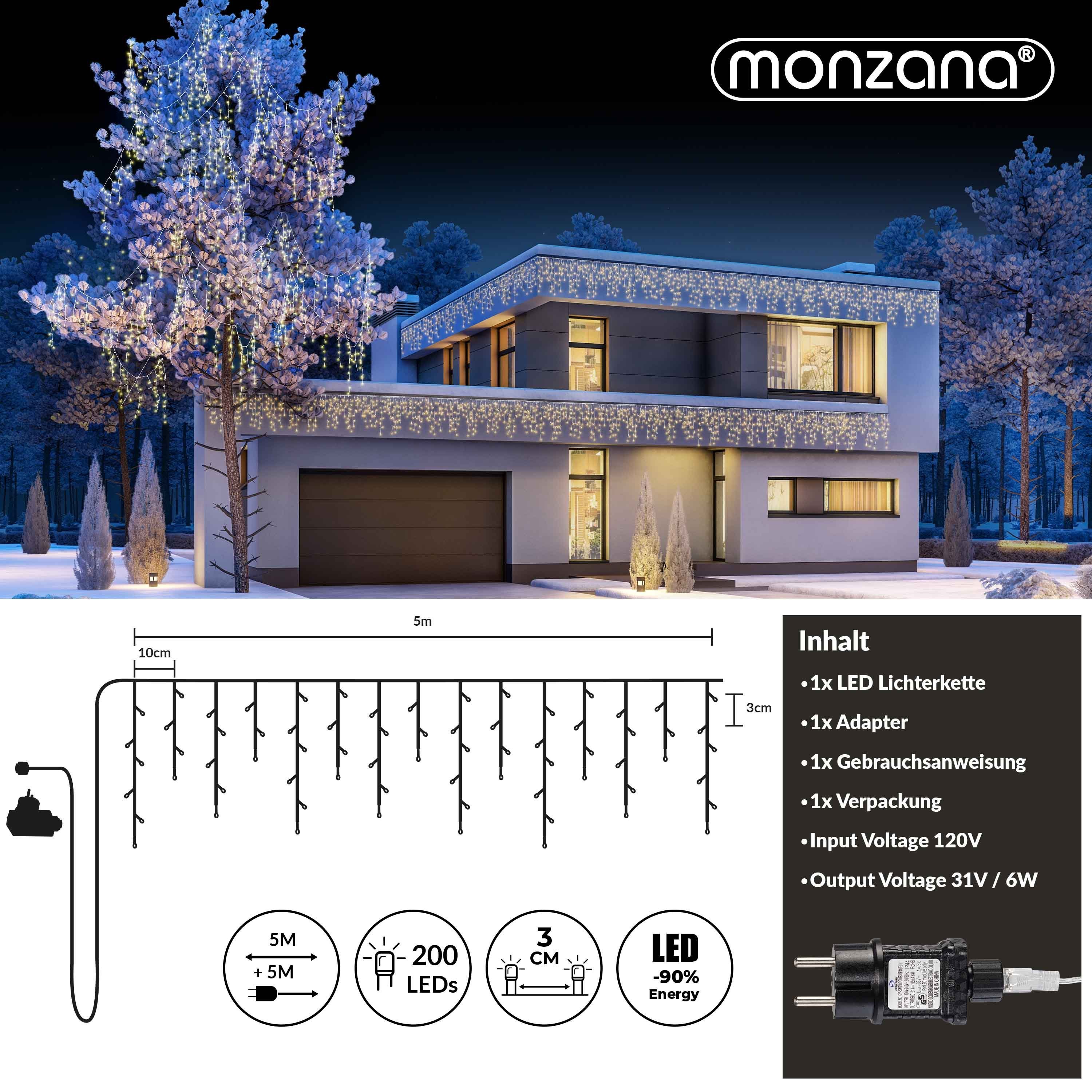 weiß Stromsparend 200 Regenlichterkette Lichterkette monzana LED Monzana, Lichterkette IP44