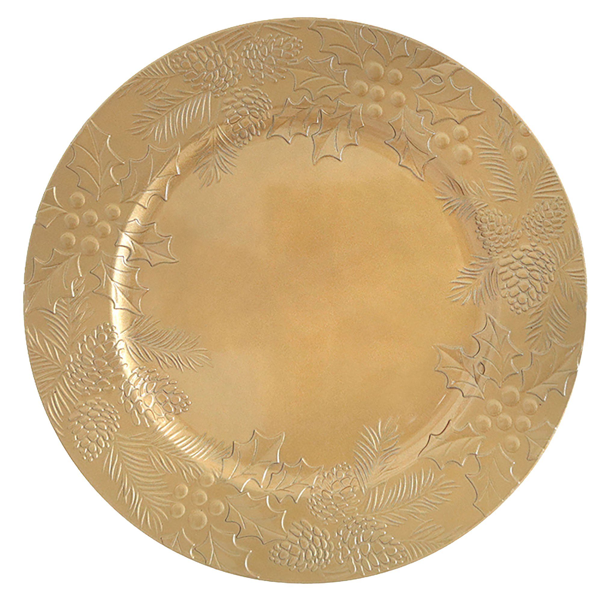 Platzset, 6 x Platzteller aus herrlich schimmerndem Melamin Ø 33 cm - Dekoteller, Annastore, Unterteller wiederverwendbar Dekoteller Gold mit Musterung | Tischsets