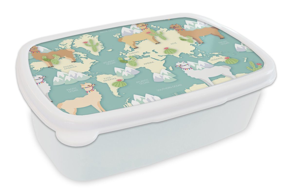 MuchoWow Weltkarte weiß für Erwachsene, Brotbox Kunststoff, Mädchen Brotdose, und und Kinder für - (2-tlg), Berge, Alpaka Jungs - Lunchbox