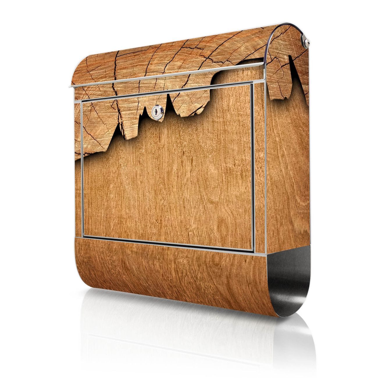 banjado Wandbriefkasten Edelstahl mit Motiv Holz (Wandbriefkasten groß, mit Zeitungsfach), 38 x 42,5 x12 cm