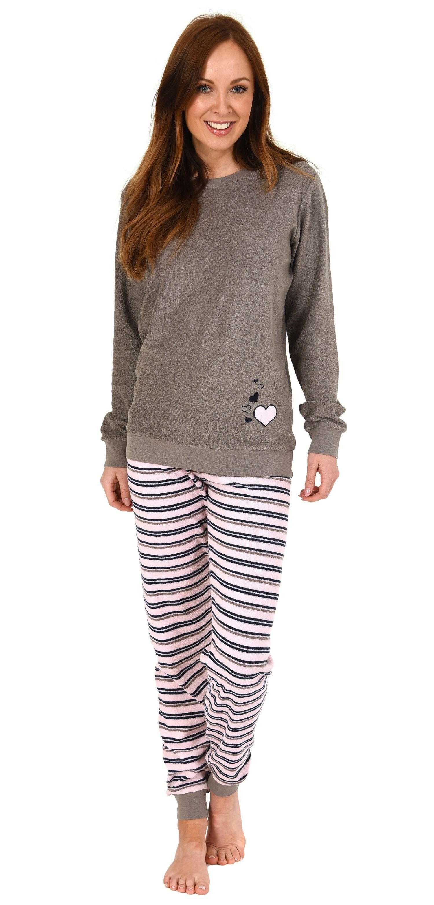 RELAX by Normann Pyjama Damen Frottee Schlafanzug mit Bündchen und Herz Motiv - 291 13 570 grau